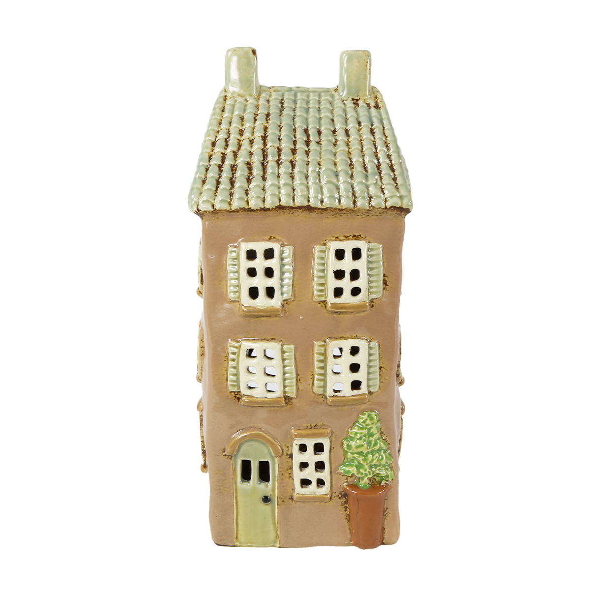 Teelichthaus, Keramikhäuschen mit Baum, braun-grün, 12x28cm, Keramik