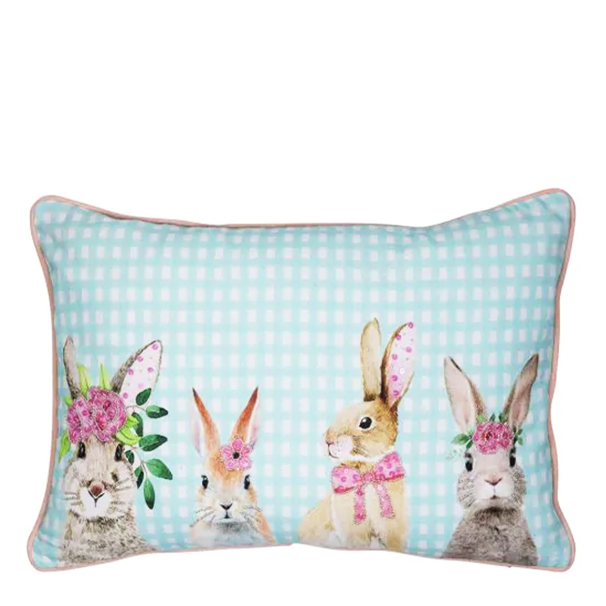 Baumwoll Kissen Hasen, 4 Kaninchen mit Blumen, hellblau/weiß kariert, 35x45cm, Mars & More