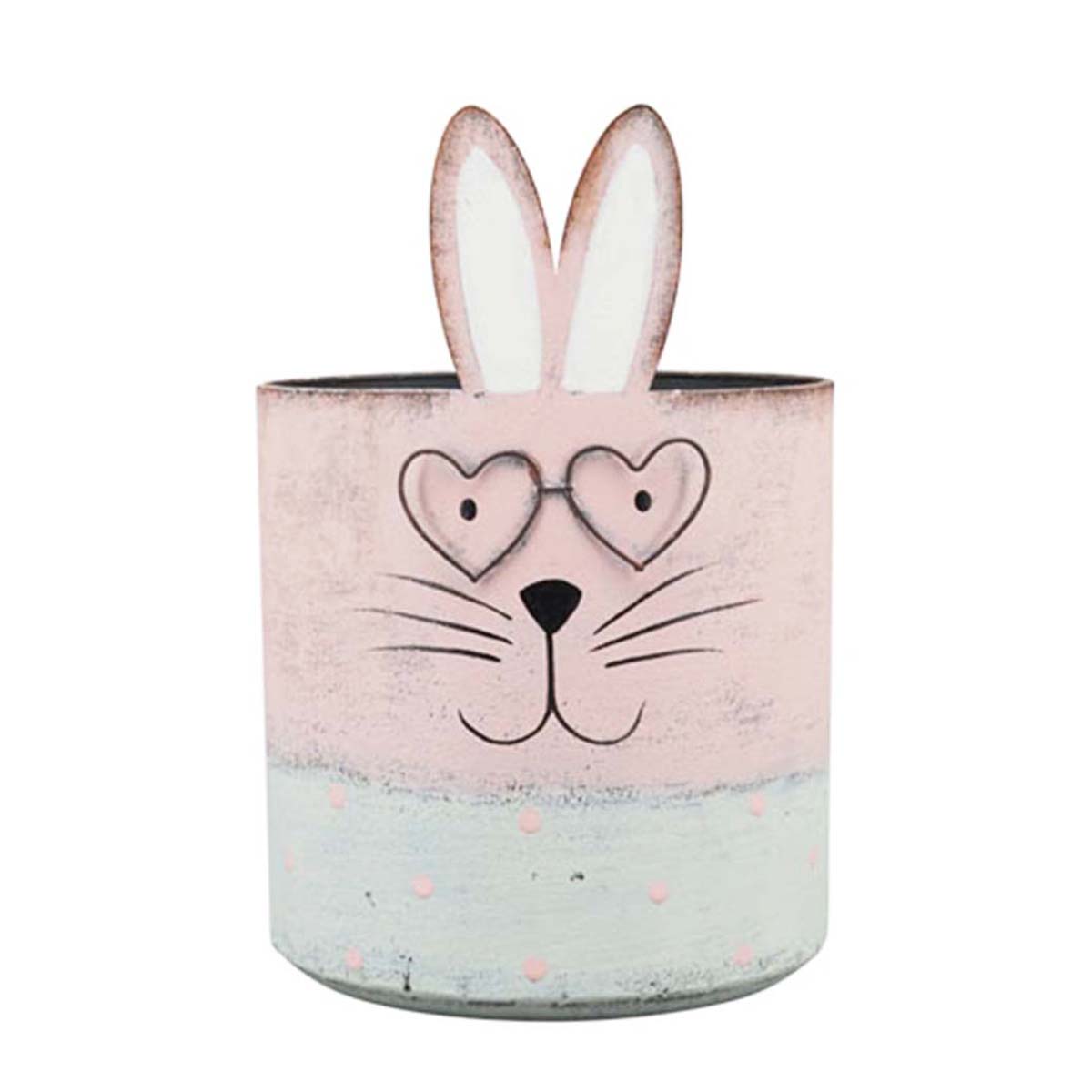Deko Pflanztopf Hase, Osterhase mit Brille, rosa used look, 19x12cm, Metall