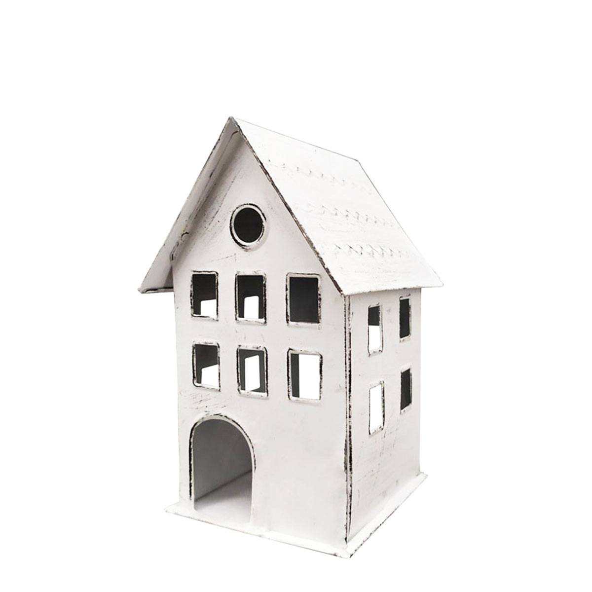 Deko Windlicht, Haus mit Guckloch, antikweiß, used look, 12x17cm, Metall