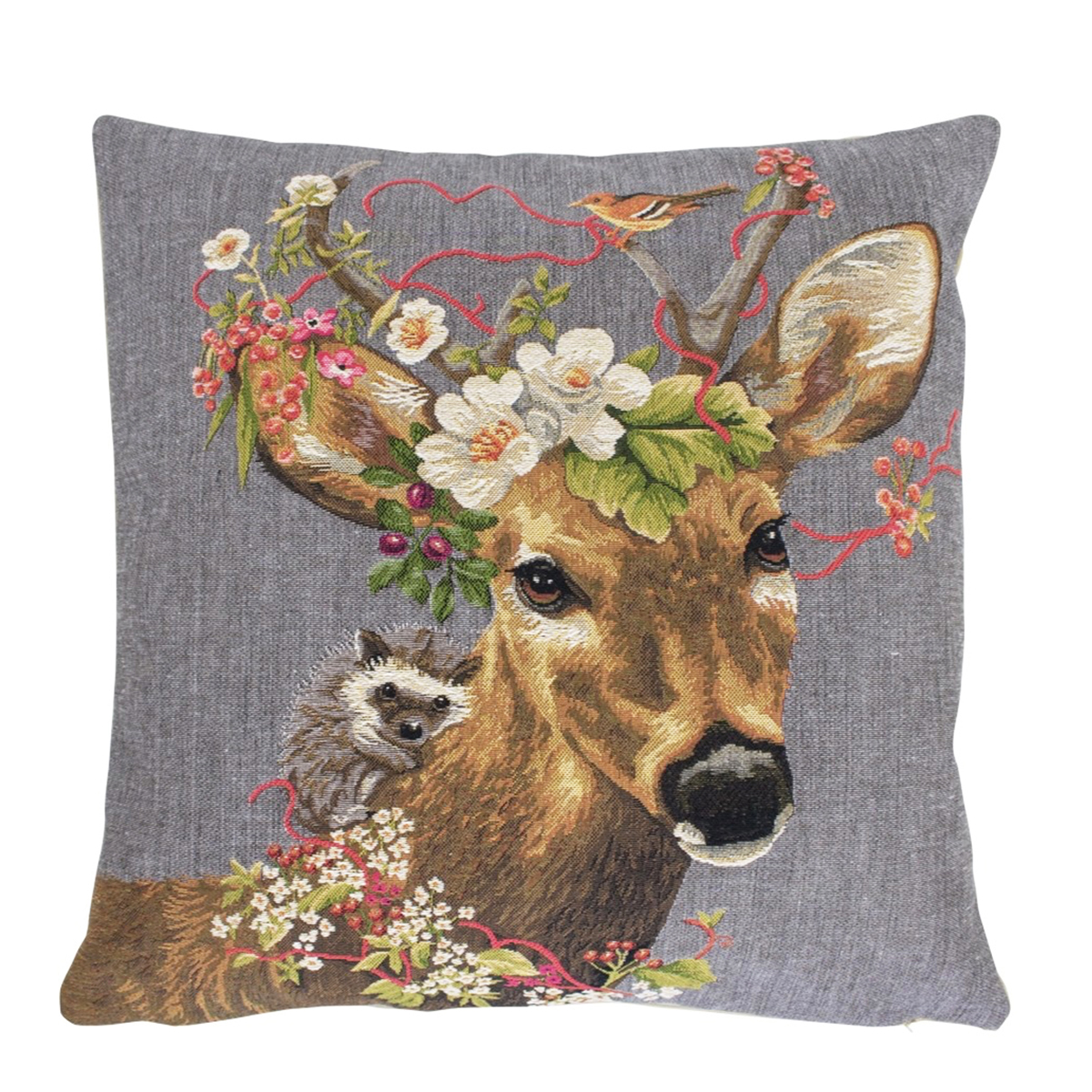 Gobelin Kissen Hirsch, kleiner Rehbock mit Blumen und Igel, 45x45cm, Mars & More
