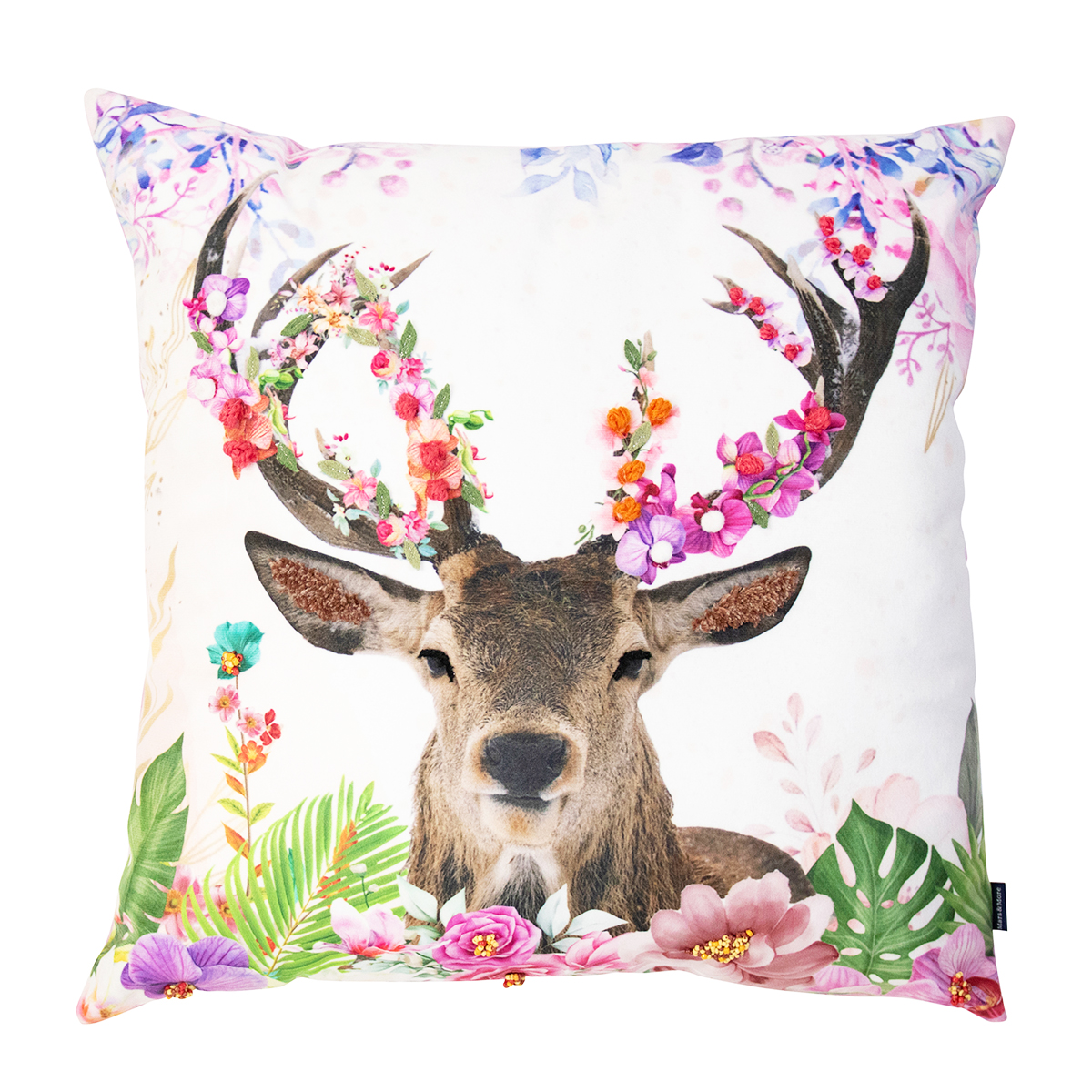 Fleury Kissen Hirsch, Hirsch mit Blumen rosa-pink, 45x45cm, Mars & More