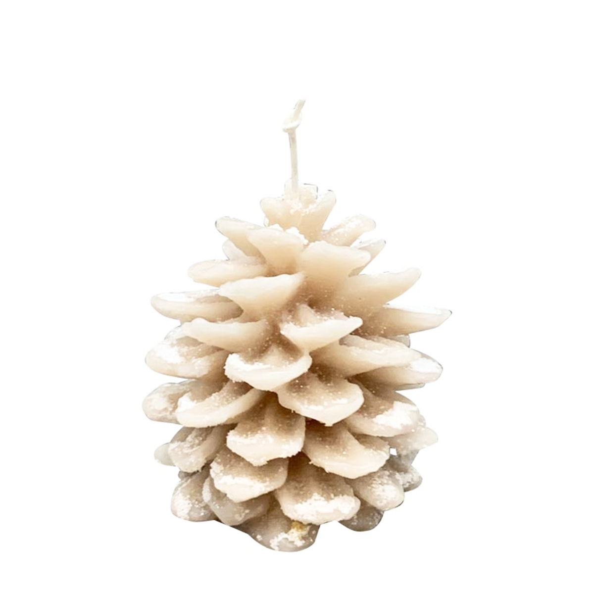 Deko Kerze Tannenzapfen beschneit, Zapfenkerze beige, 9cm, Wachs