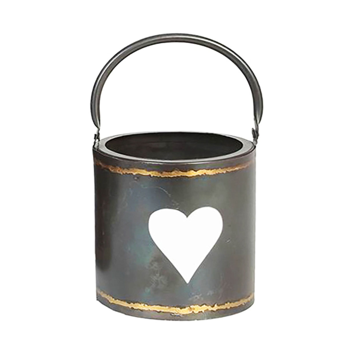 Windlicht mit Herz und Henkel, used look, braun-gold, 15x14cm, Metall, WMG Grünberger