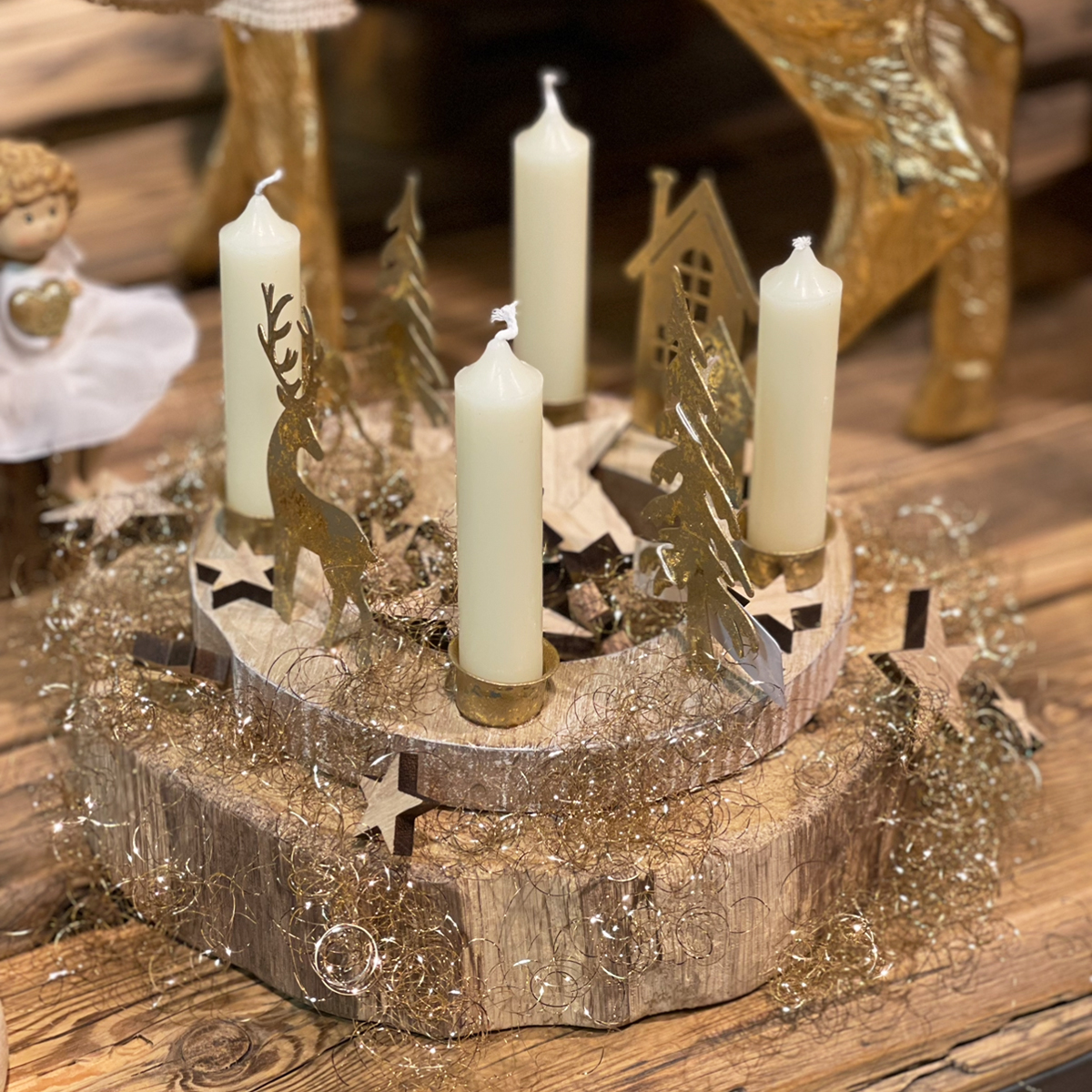 Adventskranz Hirsche und Landschaft antikgold/Holz Ø19cm
