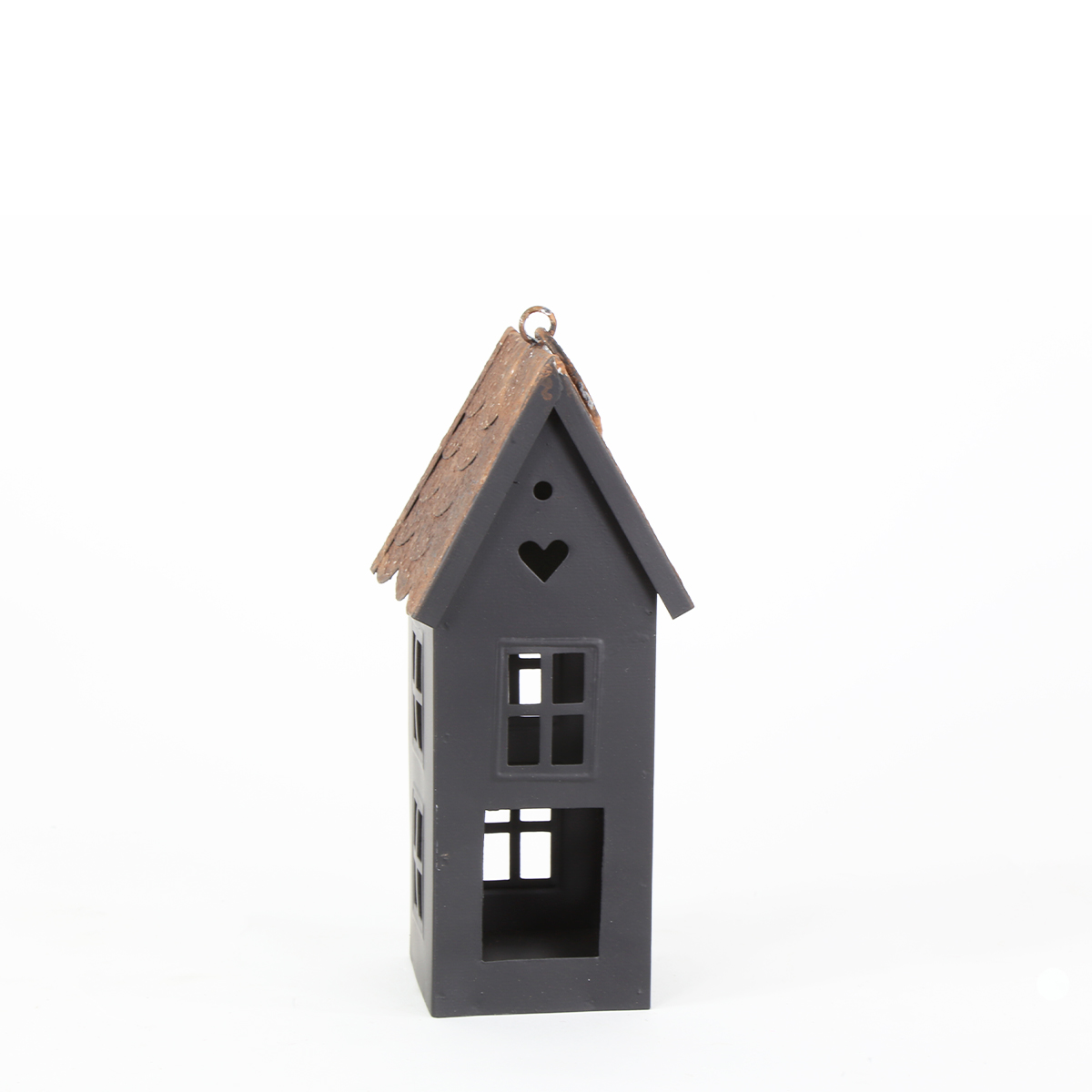 Deko Windlicht Haus, Metallhaus mit Herz, rost-schwarz, 18cm, Metall