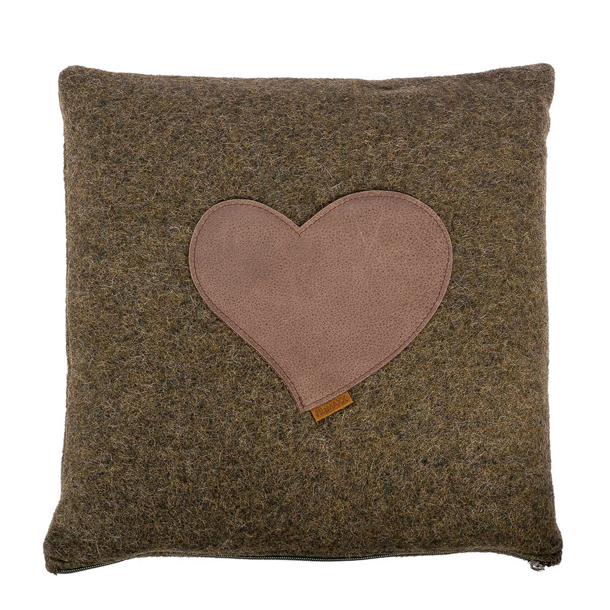 Loden Kissen Herzerl mit Herzapplikation aus Leder moosgrün 42x42cm