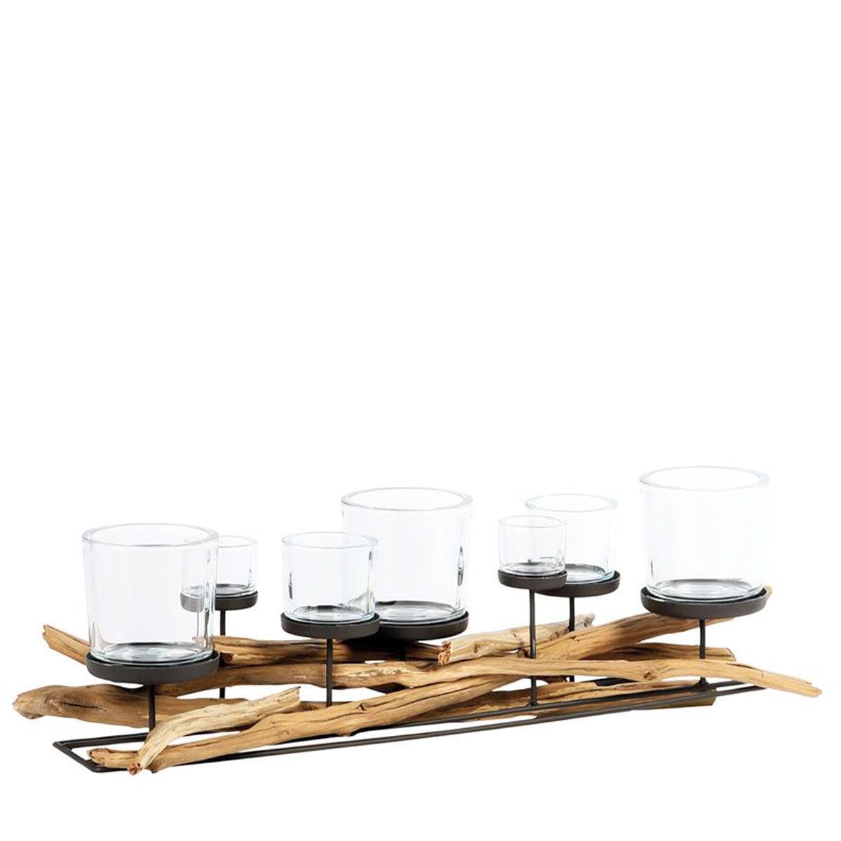 Holz Windlicht Lincoln mit 10 Gläser, 110cm, Naturholz/Metall, WMG Grünberger