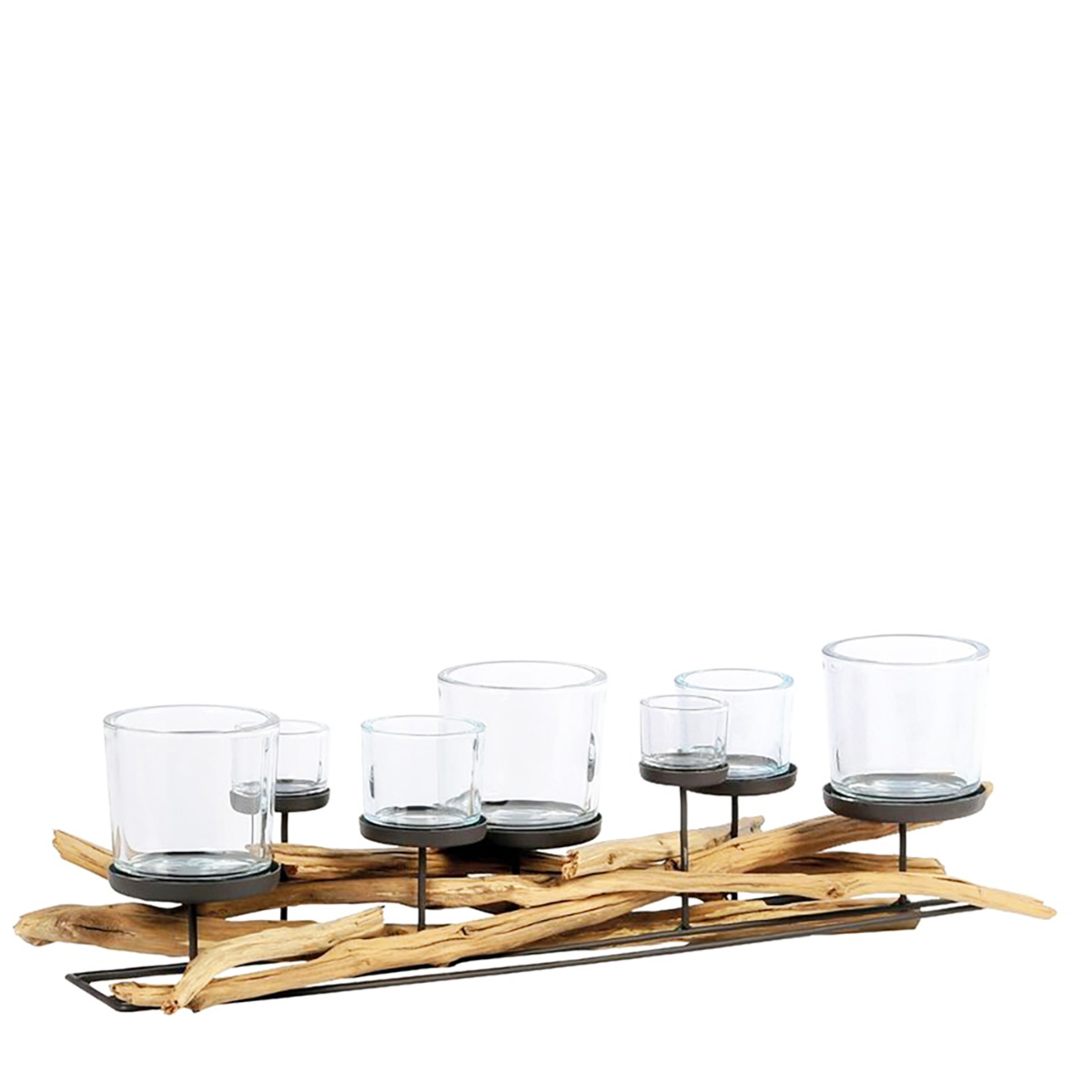 Naturholz Windlicht Lincoln, mit 7 Gläser, 80cm, Naturholz/Metall, WMG Grünberger