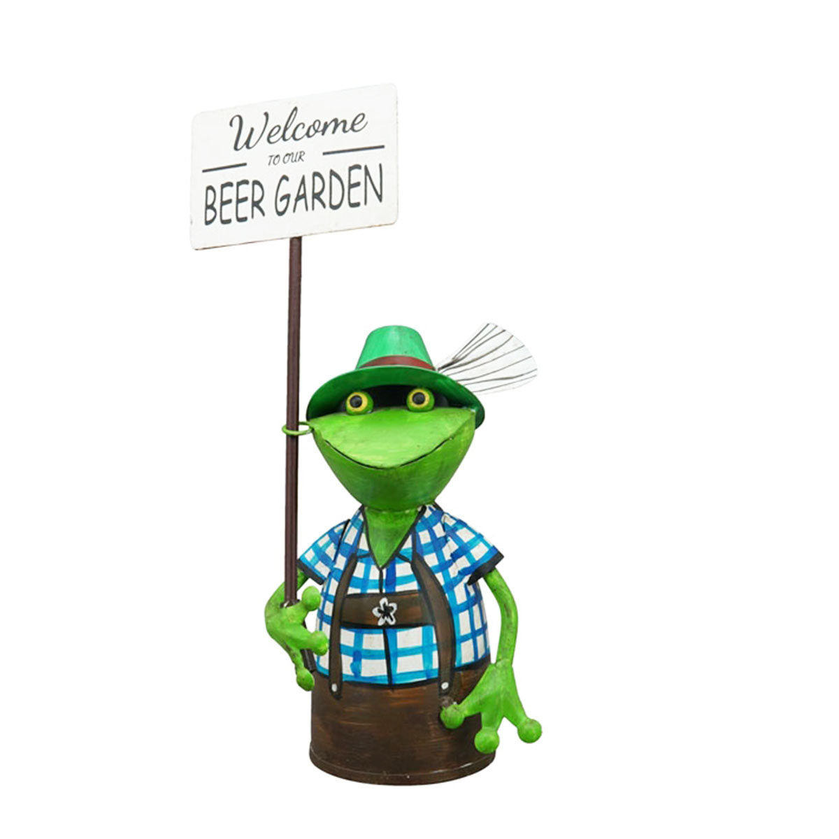 Zaunhocker Frosch, Frosch in Tracht mit Schild Welcome, 15x30cm, Metall