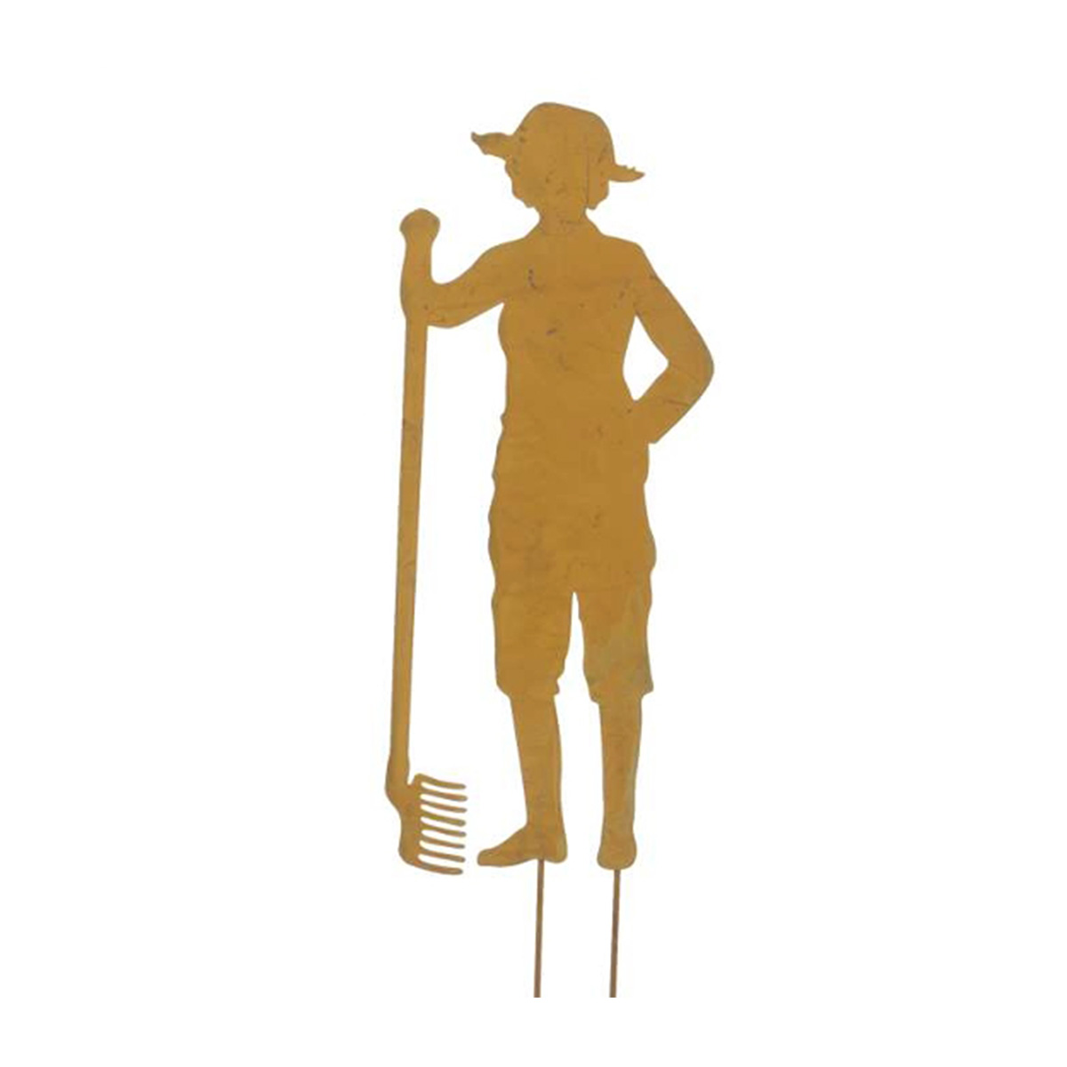 Deko Gartenstecker, Gärtner mit Rechen, 43cm, Rost, Metall