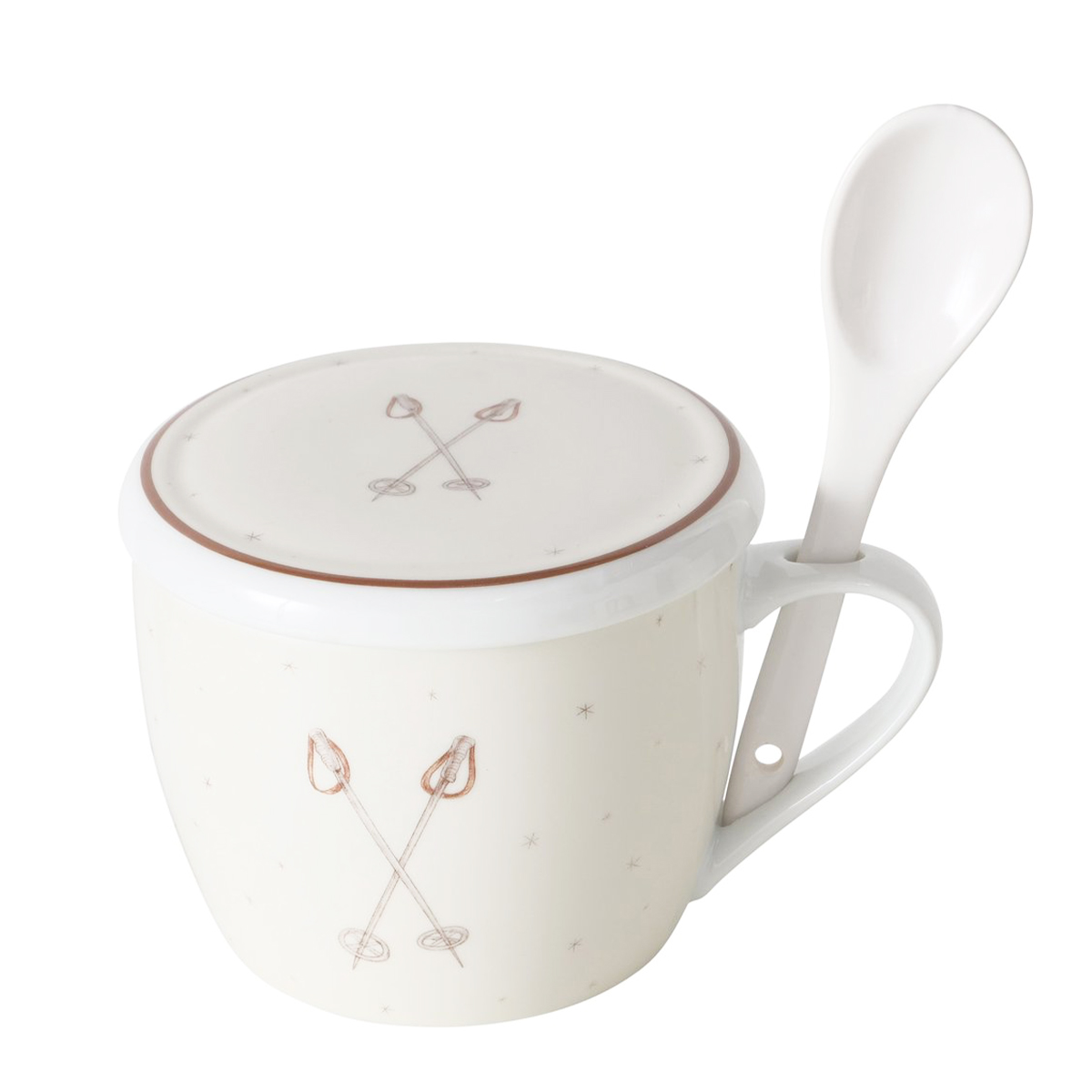 Jumbobecher Winter Skistöcke, Henkelbecher mit Löffel und Deckel, 600ml, Boltze Home Collections