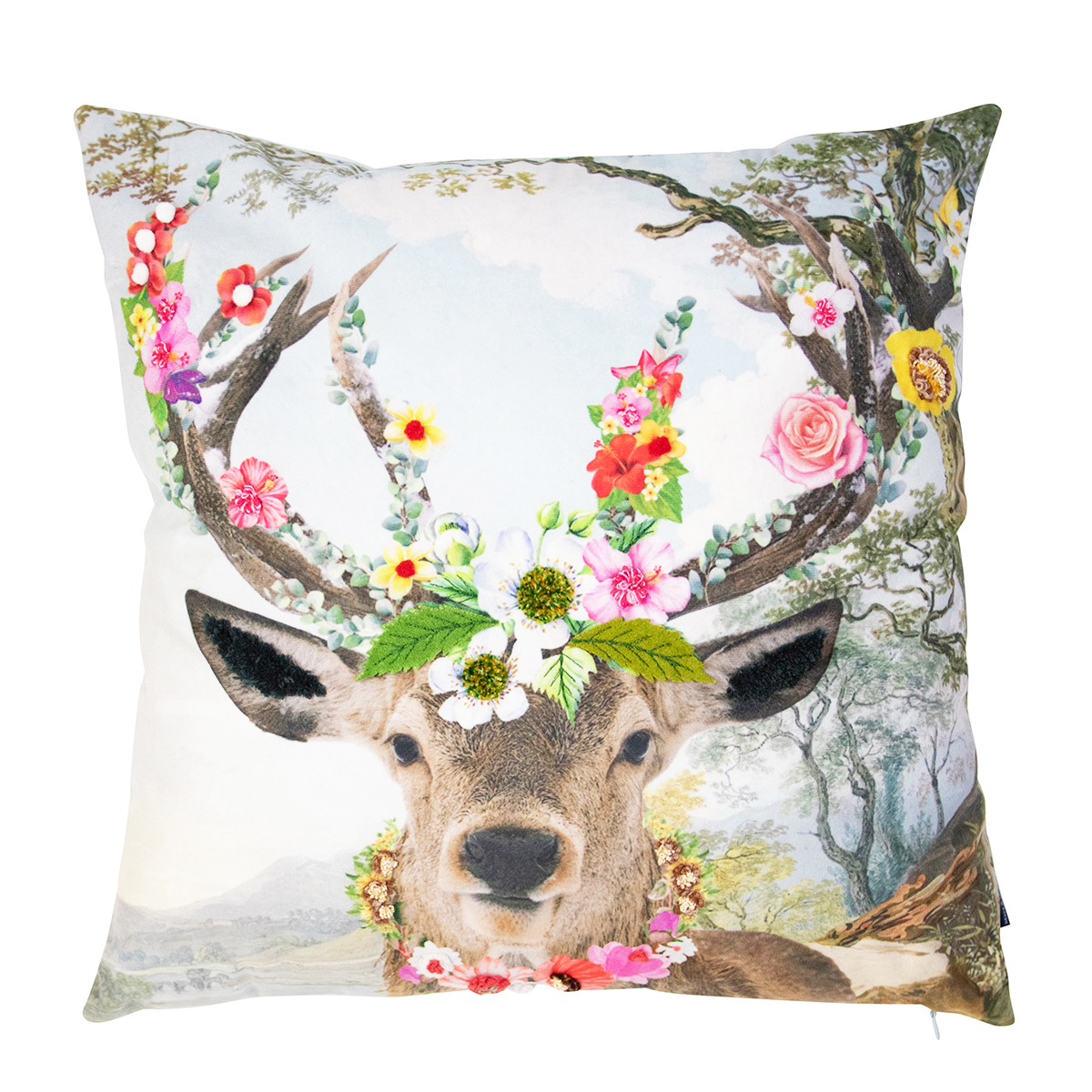 Fleury Kissen Hirsch, Hirsch mit Blumenkranz, 45x45cm, Mars & More