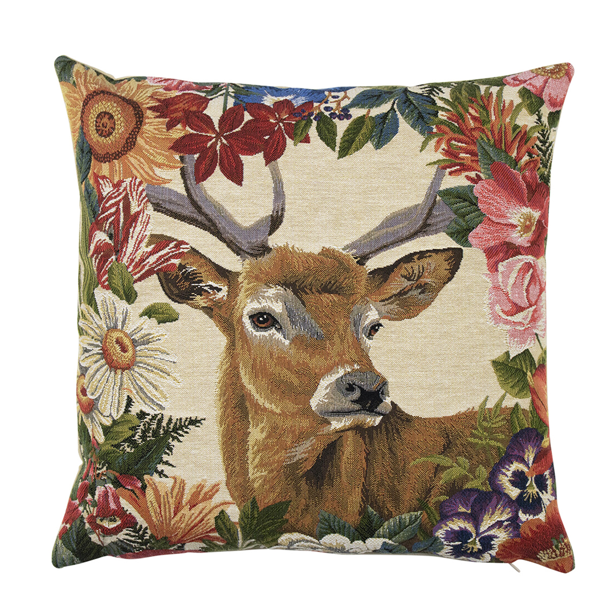 Gobelin Kissen, Hirsch mit Blumen, 45x45cm, Mars & More