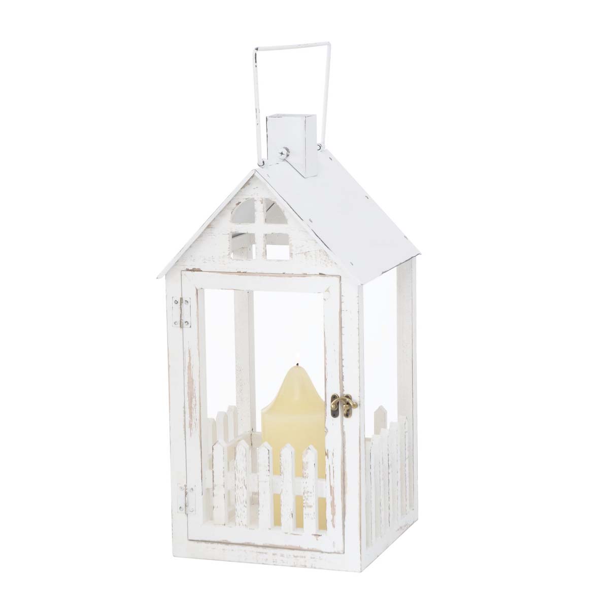 Windlicht Haus Hortus, Laterne mit Gartenzaun im Landhauslook, 52cm, weiß used look, Boltze Home Col