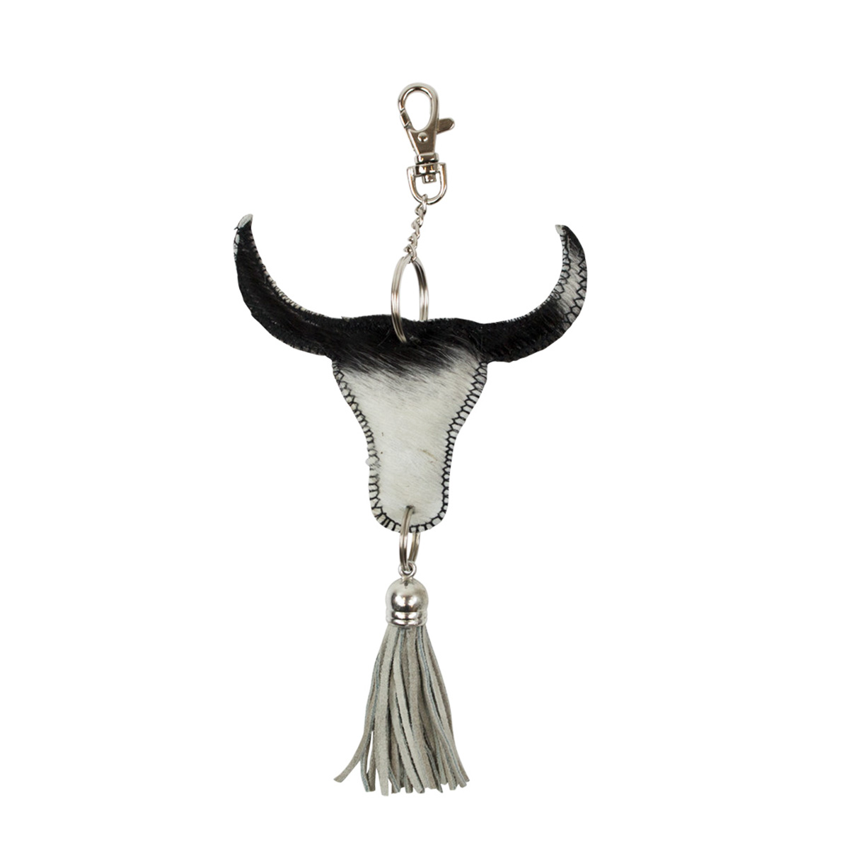 Fell Schlüsselanhänger, Stier mit Quaste,schwarz-weiß, 10cm, Mars & More