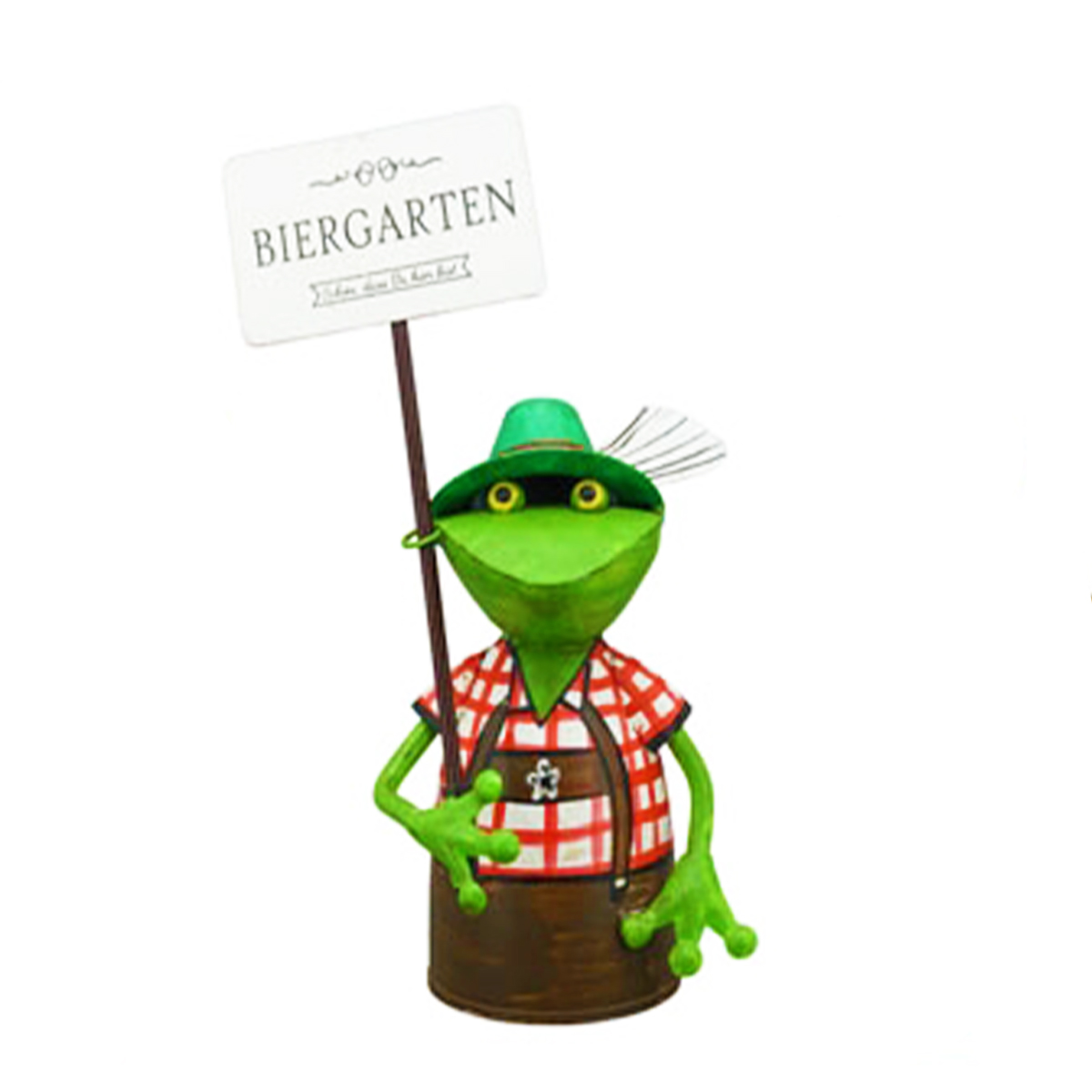 Zaunhocker Frosch, Frosch in Tracht mit Schild Biergarten, 15x30cm, Metall
