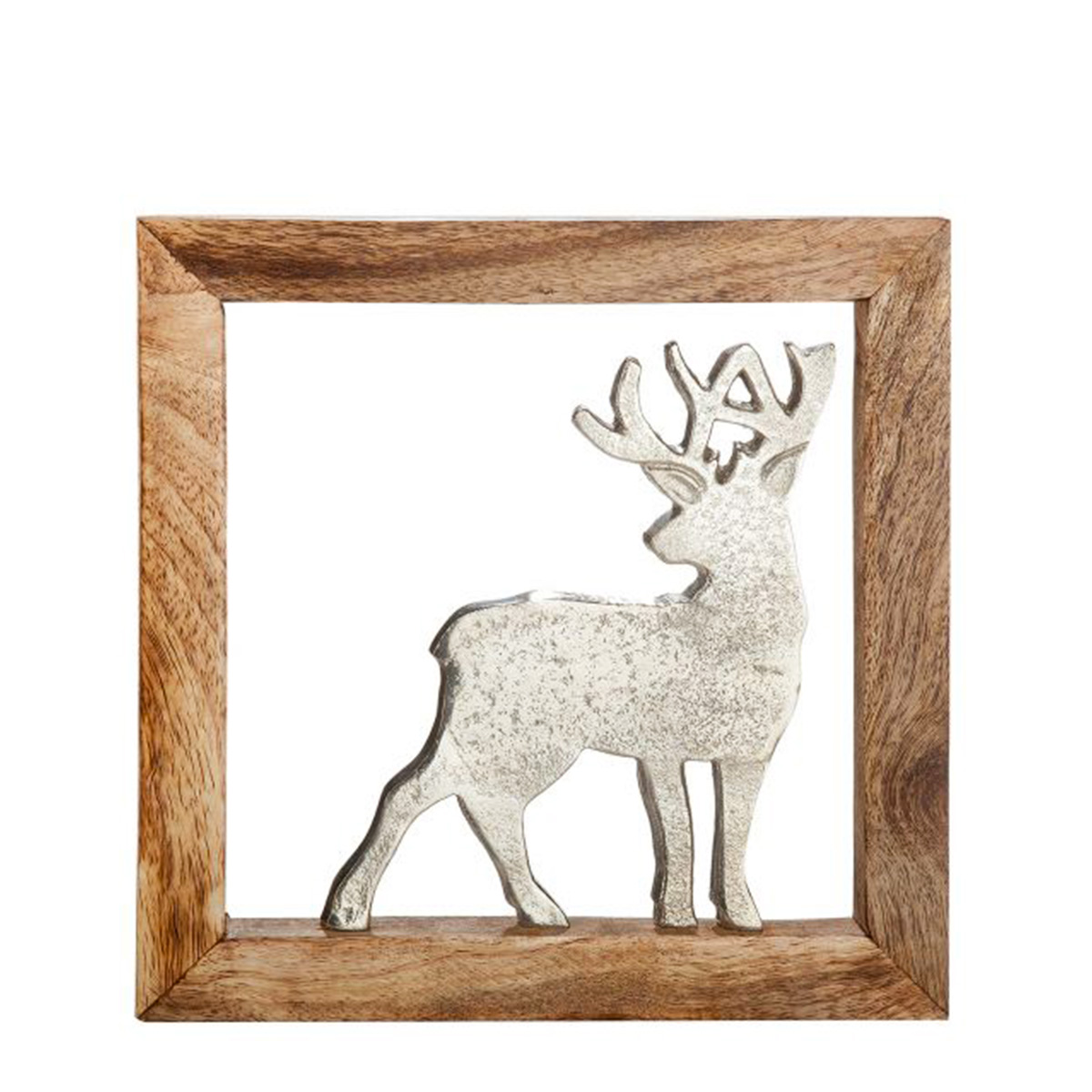 Holzrahmen mit Hirsch, silbener Metallhirsch im Rahmen, 20x20cm, Gilde