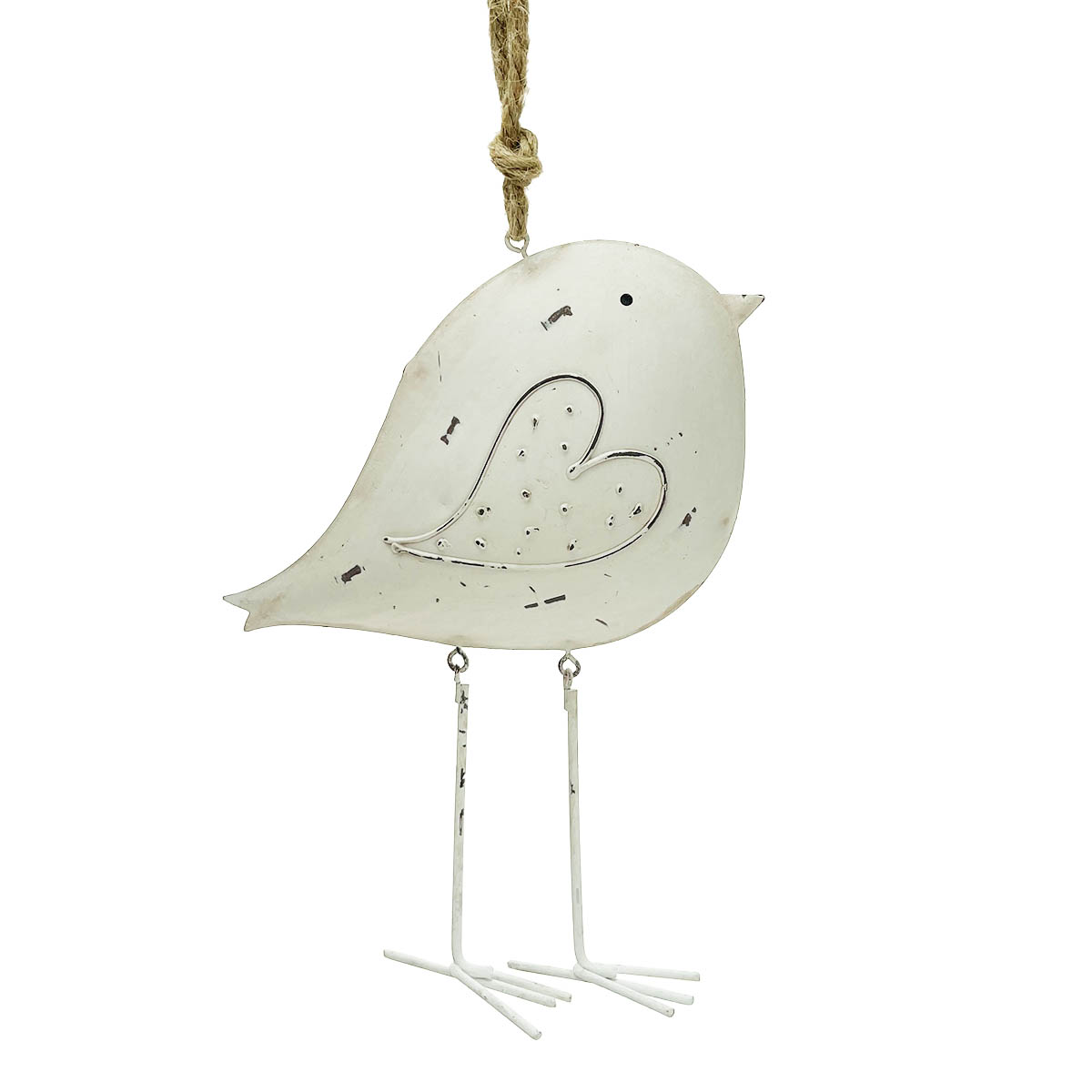 Deko Vogel mit Schlackerbeinen und Herz, weiß-used look, 16cm, Hänger