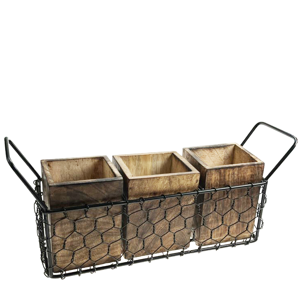 Deko Aufbewahrungsbox aus Mangoholz, 3 Holzkisten in der Gitterbox, 39x16cm