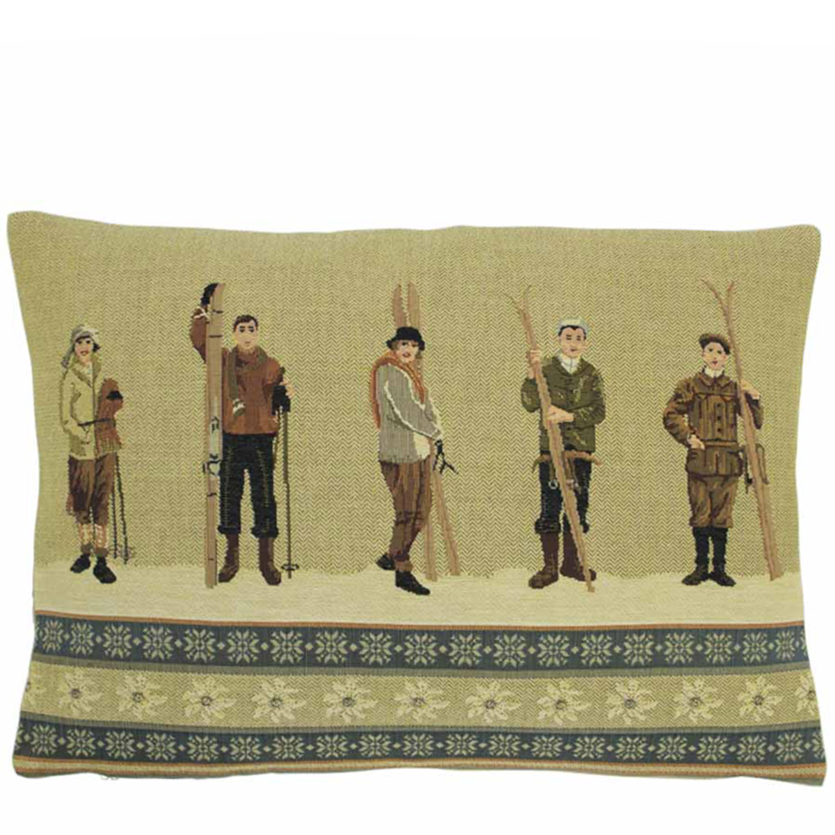 Gobelin Kissen Winter, 5 Skifahrer Nostalgie, 30x45cm, Mars & More