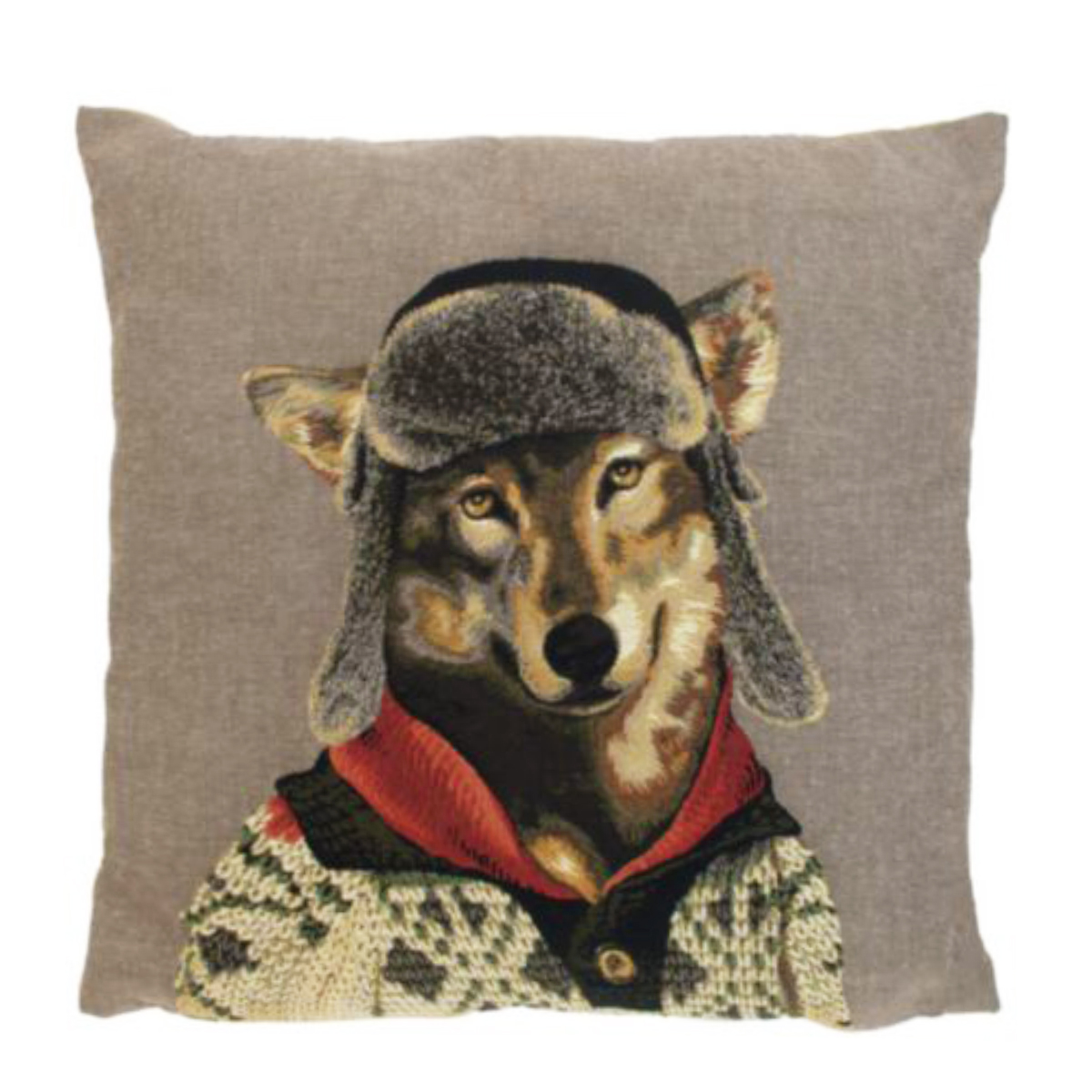 Gobelin Kissen Wolf, Nordic Wolf mit Fliegermütze, 45x45cm, Mars & More