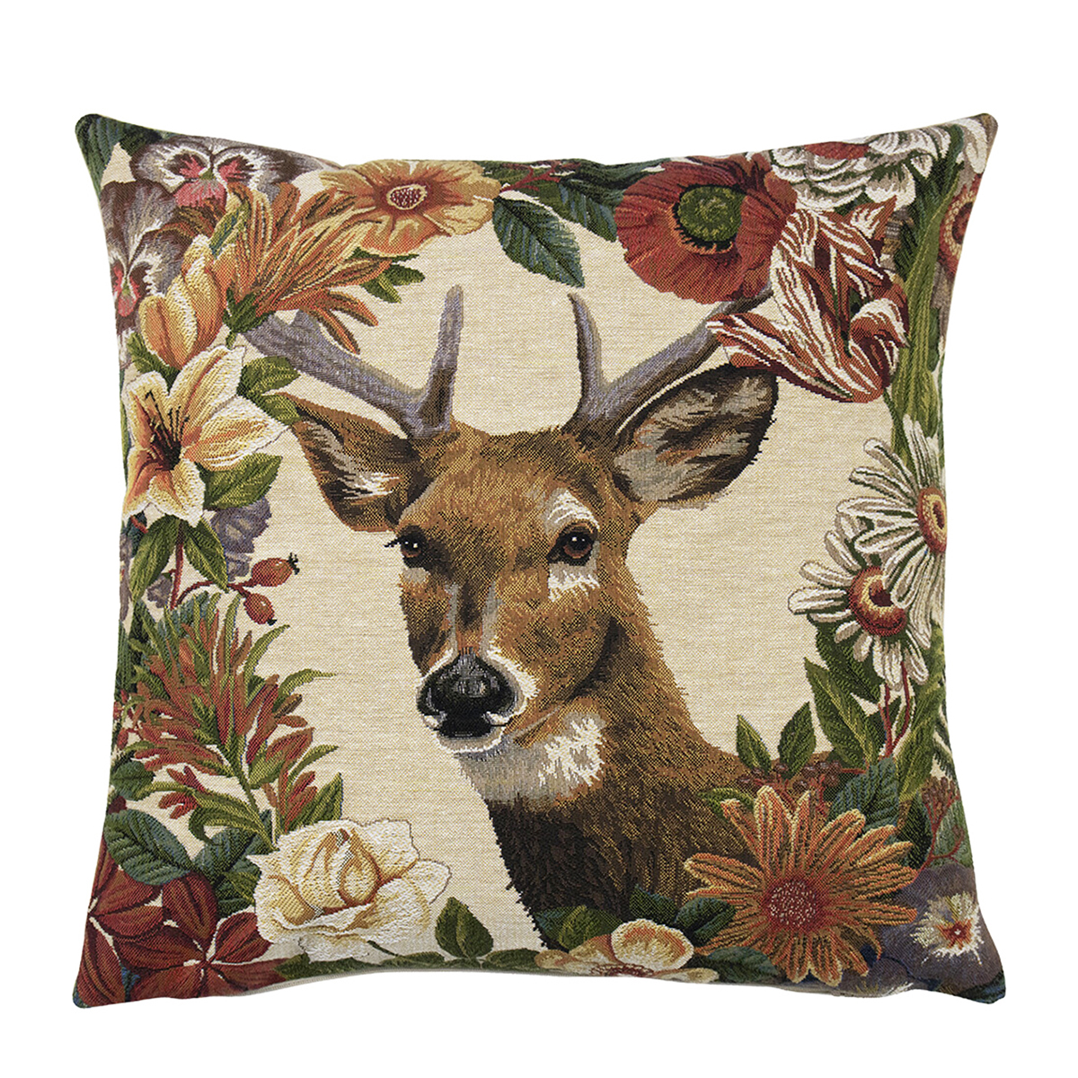 Gobelin Kissen, Hirsch mit Blumen, Stürmer, 45x45cm, Mars & More