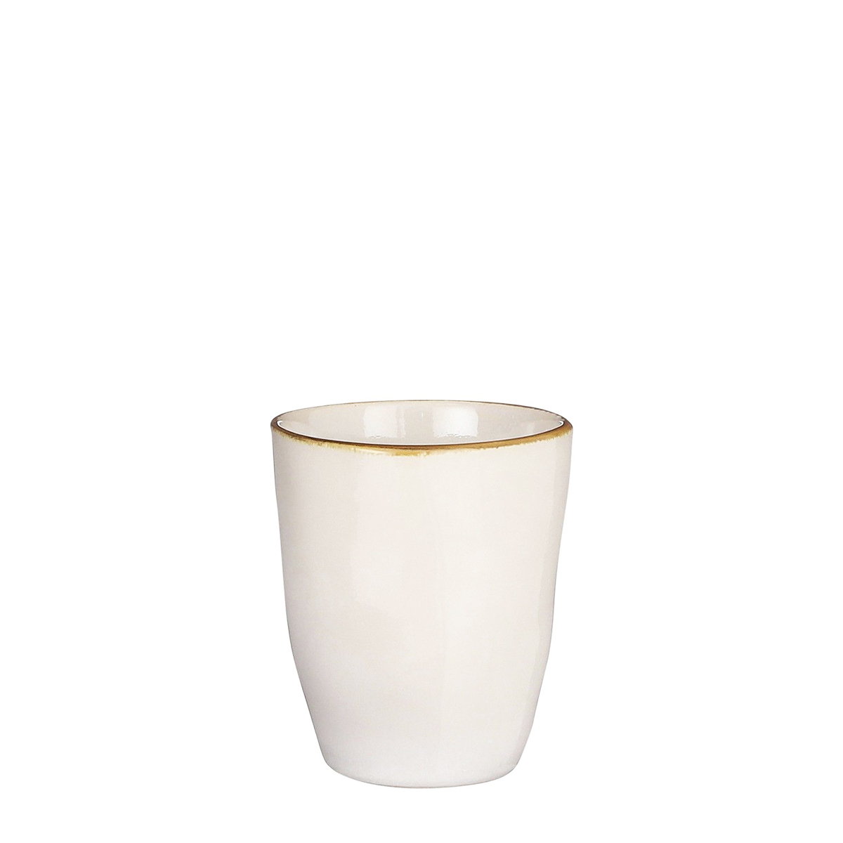 Keramik Becher, Tabo, handgefertigt, weiß, Rand braun, 10x7cm, Mica