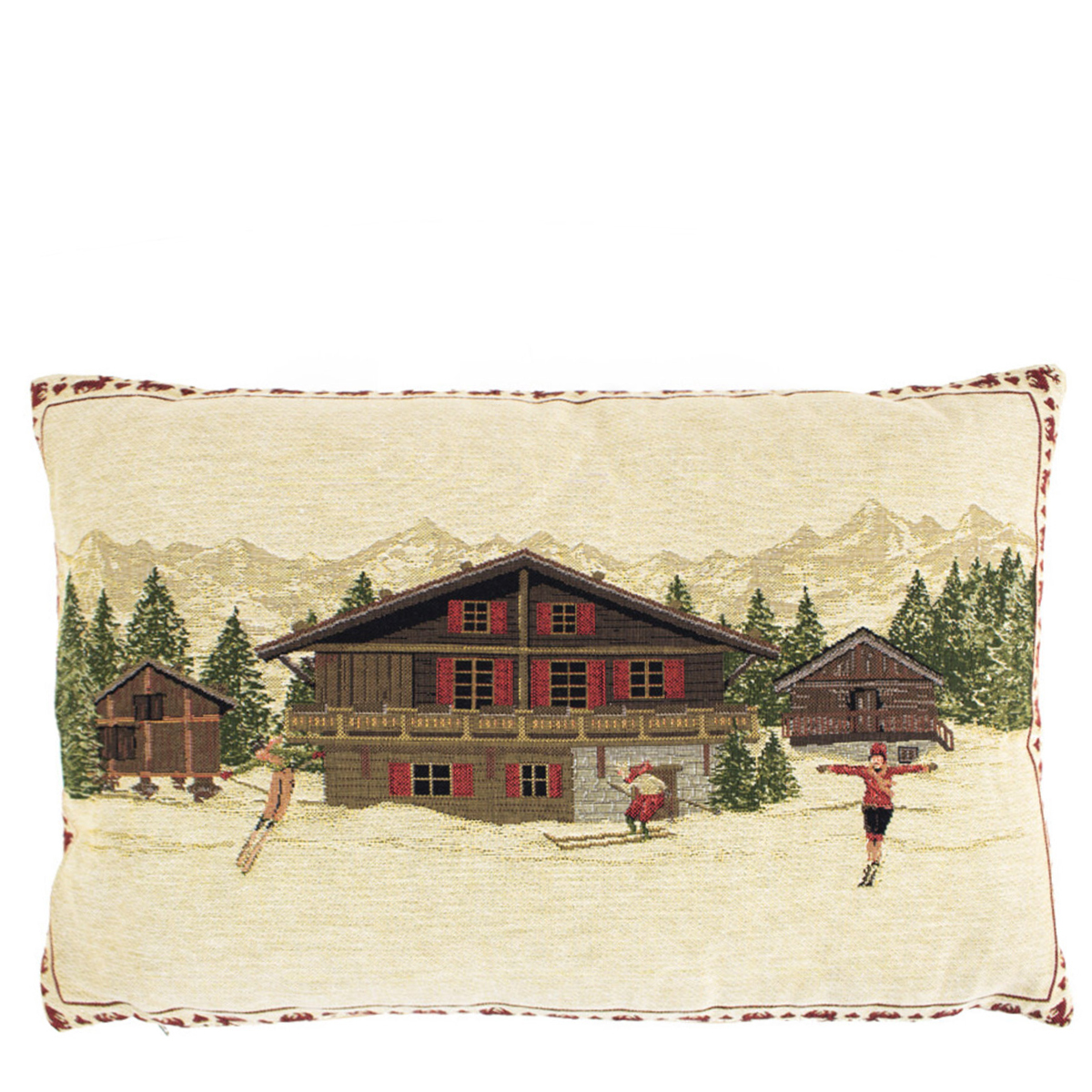 Gobelin Kissen Berghütte Chalet, Chalet mit Skifahrer, 30x45cm, Mars & More