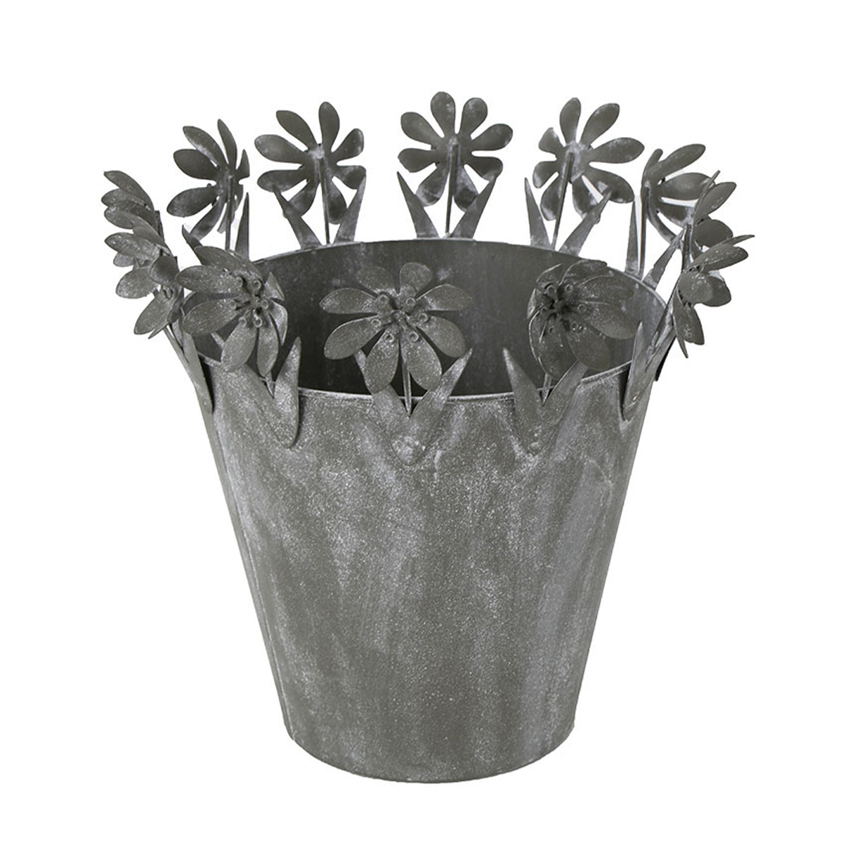 Übertopf mit Blumenrand, Zinktopf grau used look, 20x19cm, Metall