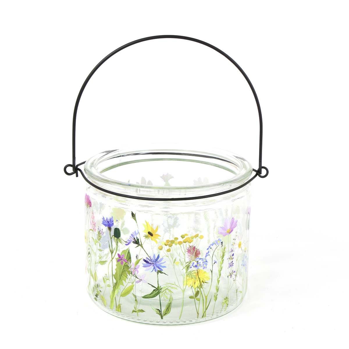 Deko Windlicht Blumenwiese mit Henkel, Windlicht aus Glas mit Blumendesign, 12x10cm