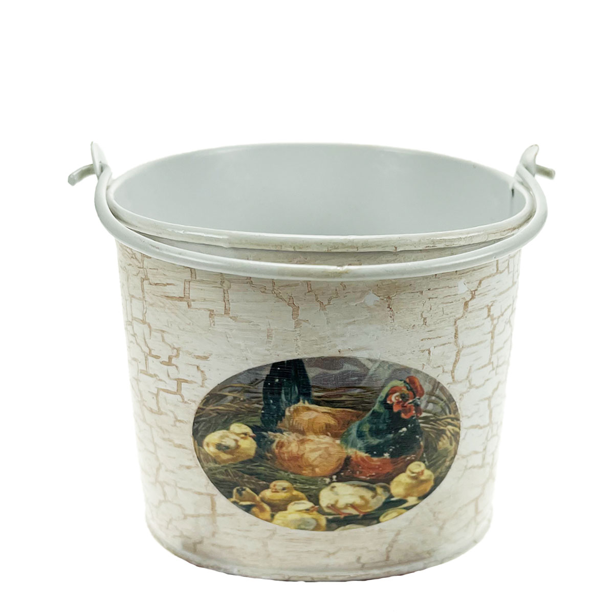Ostertopf mit Henkel und Hühnern antik look Metall 10x13cm