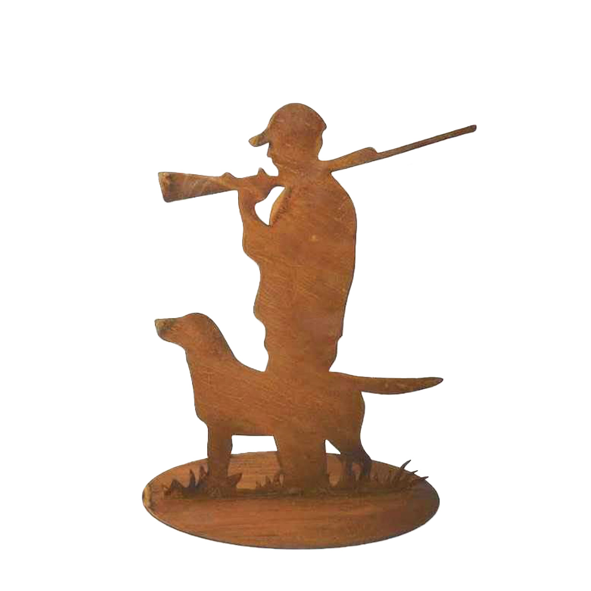 Deko Rost Figur, Jäger mit Hund, auf Platte,  27x35cm, Gerrys Garden