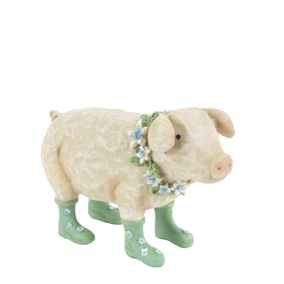 Deko Schwein, Schweinchen mit Stiefel und Blumenkranz, 15x11cm, Polyresin
