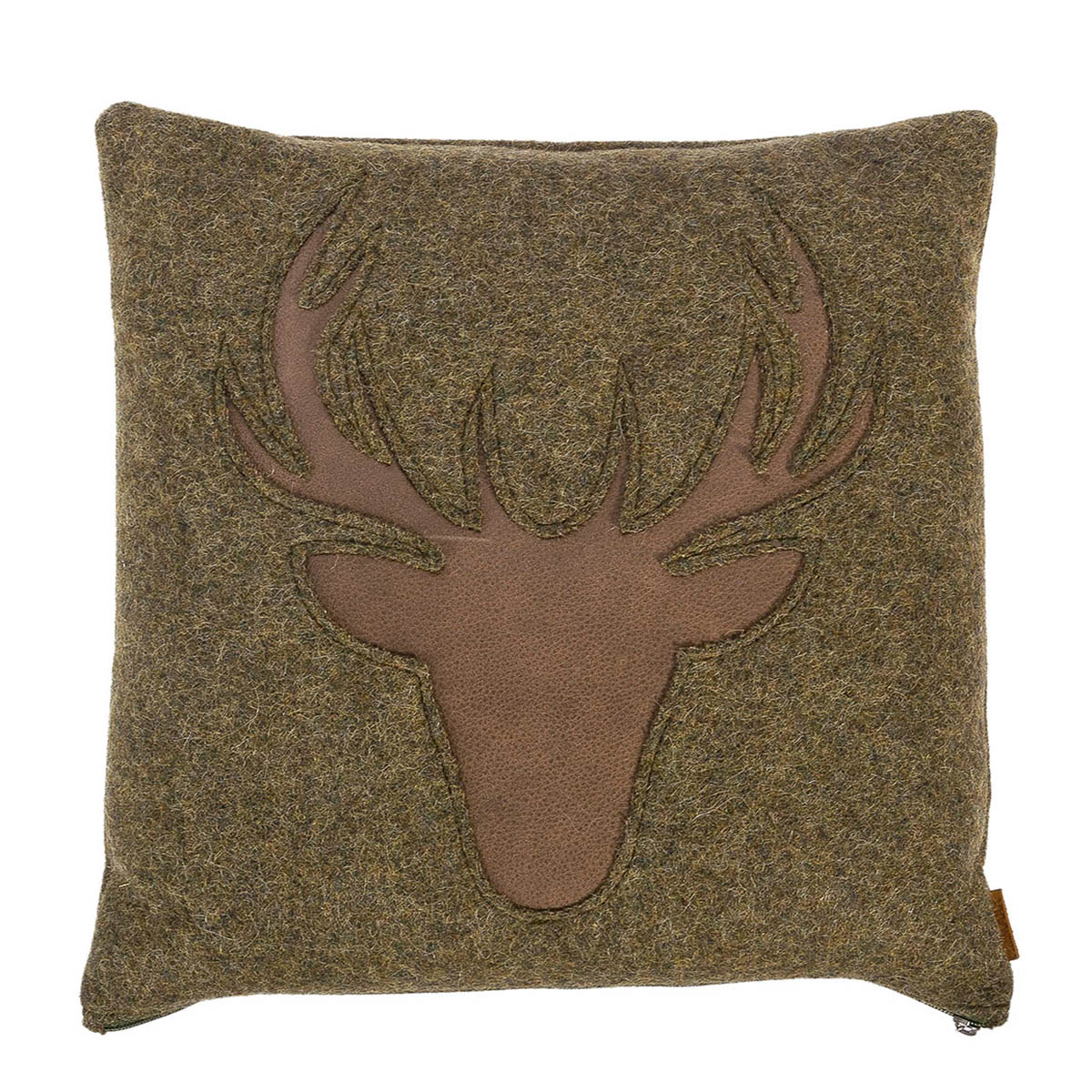 Loden Kissen mit Hirschapplikation aus Leder moosgrün 42x42cm