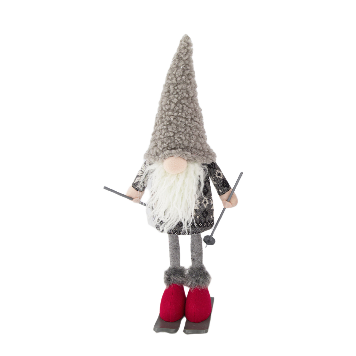 Deko Wichtel Skifahrer, grauer Wichtel mit Ski und Plüschmütze, 45cm, Baumwolle/Plüsch