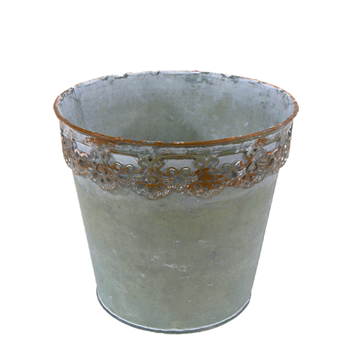 Pflanztopf mit Spitzenrand, Zinktopf grau used look, 12x11cm