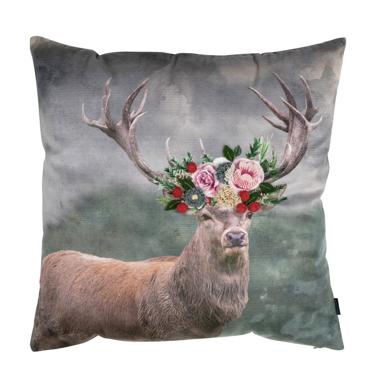 Samt Kissen Hirsch mit Blumen, Rotwild Fleury, 45x45cm, Mars & More