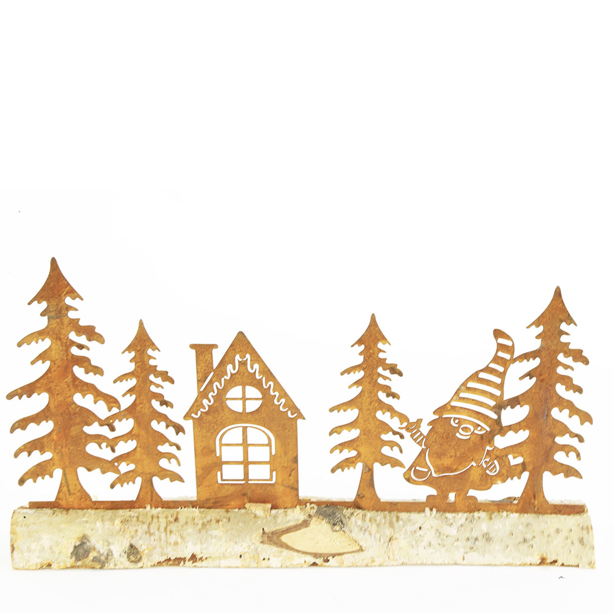 Deko Weihnachtswichtel Weihnachtswald, Wichtel und Tannenbäume auf Baumstamm, 30x16cm, Rost