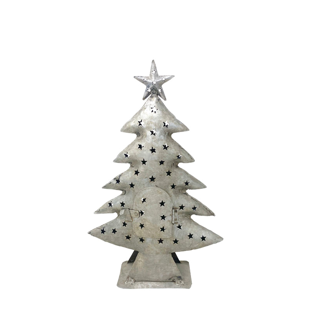 Deko Windlicht Tannenbaum mit Stern und Türchen, antik silber, 39cm, Metall