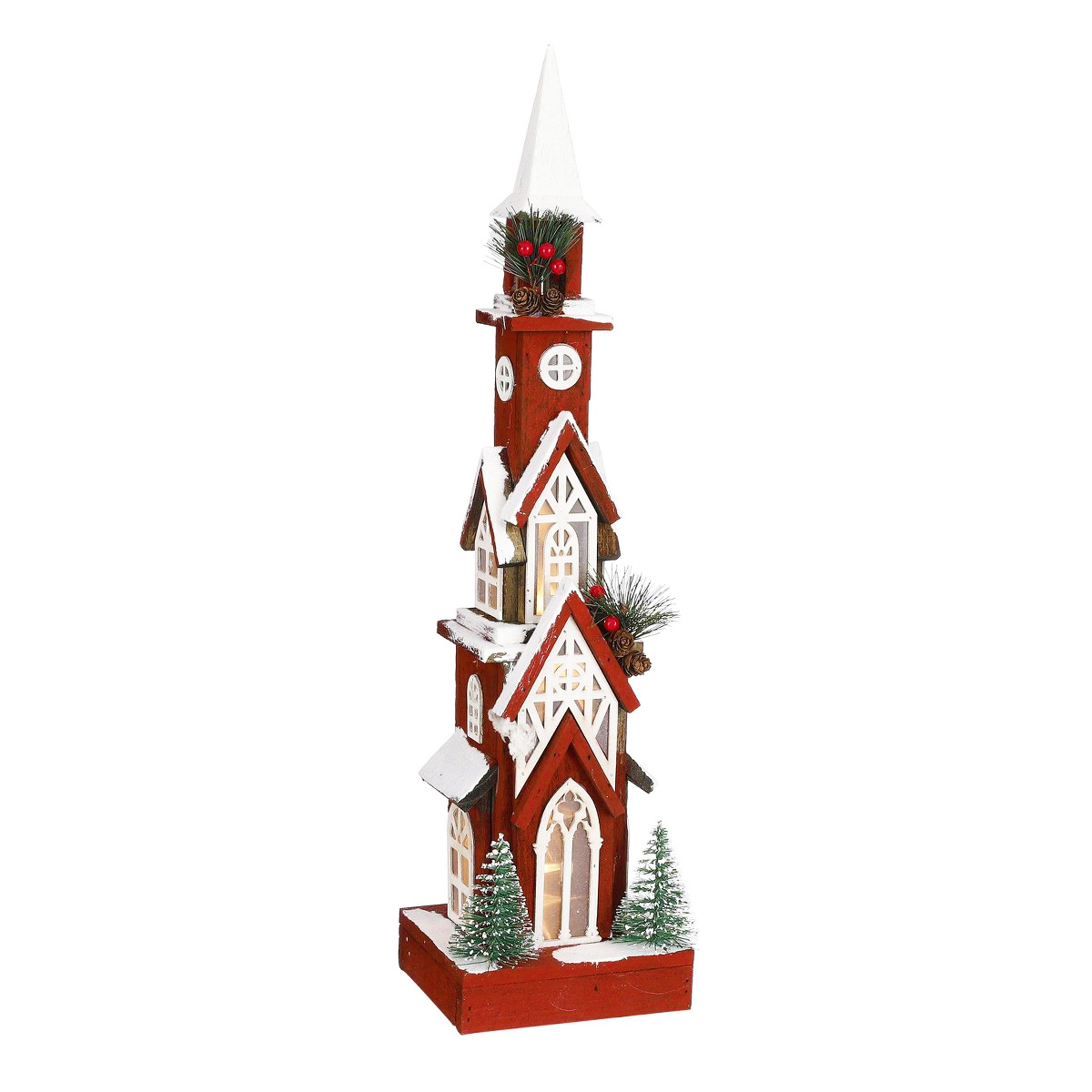 Deko LED Holzkirche beschneit, rot, 16x63cm, battriebetrieben, House of Seasons