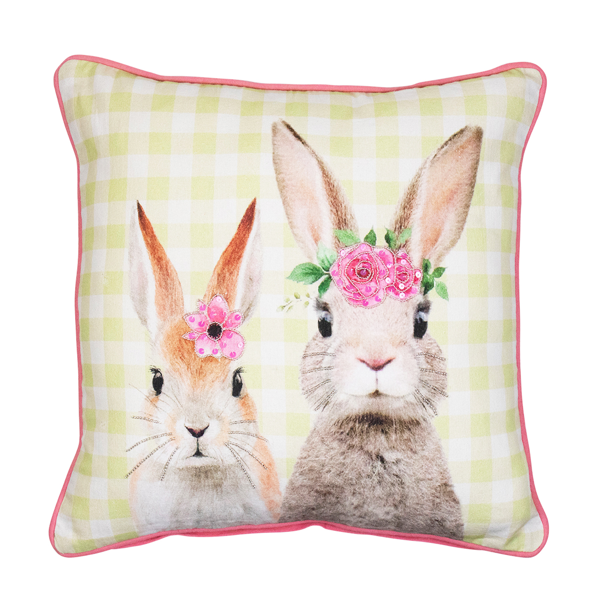 Baumwoll Kissen Hasen, Kaninchen mit Blumen, gelbgrün kariert, 45x45cm, Mars & More