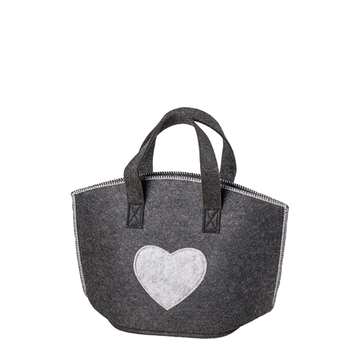 Filz Tasche dunkelgrau, mit hellgrauem Herz, Ziernähte, 30cm