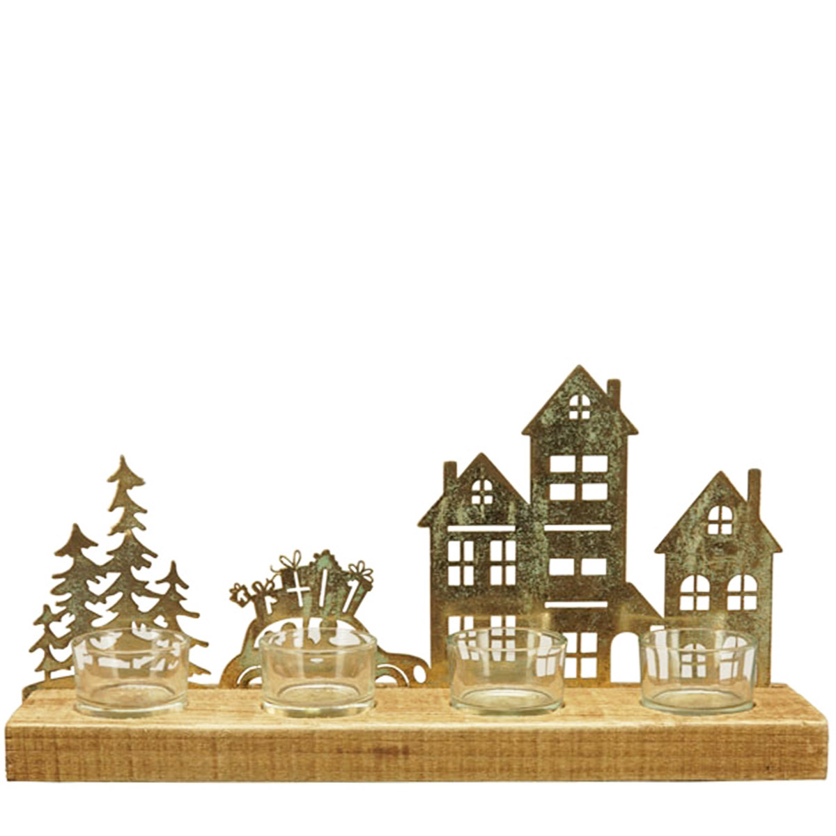 Teelichthalter Landschaft gold/Holz 35x17cm Metall