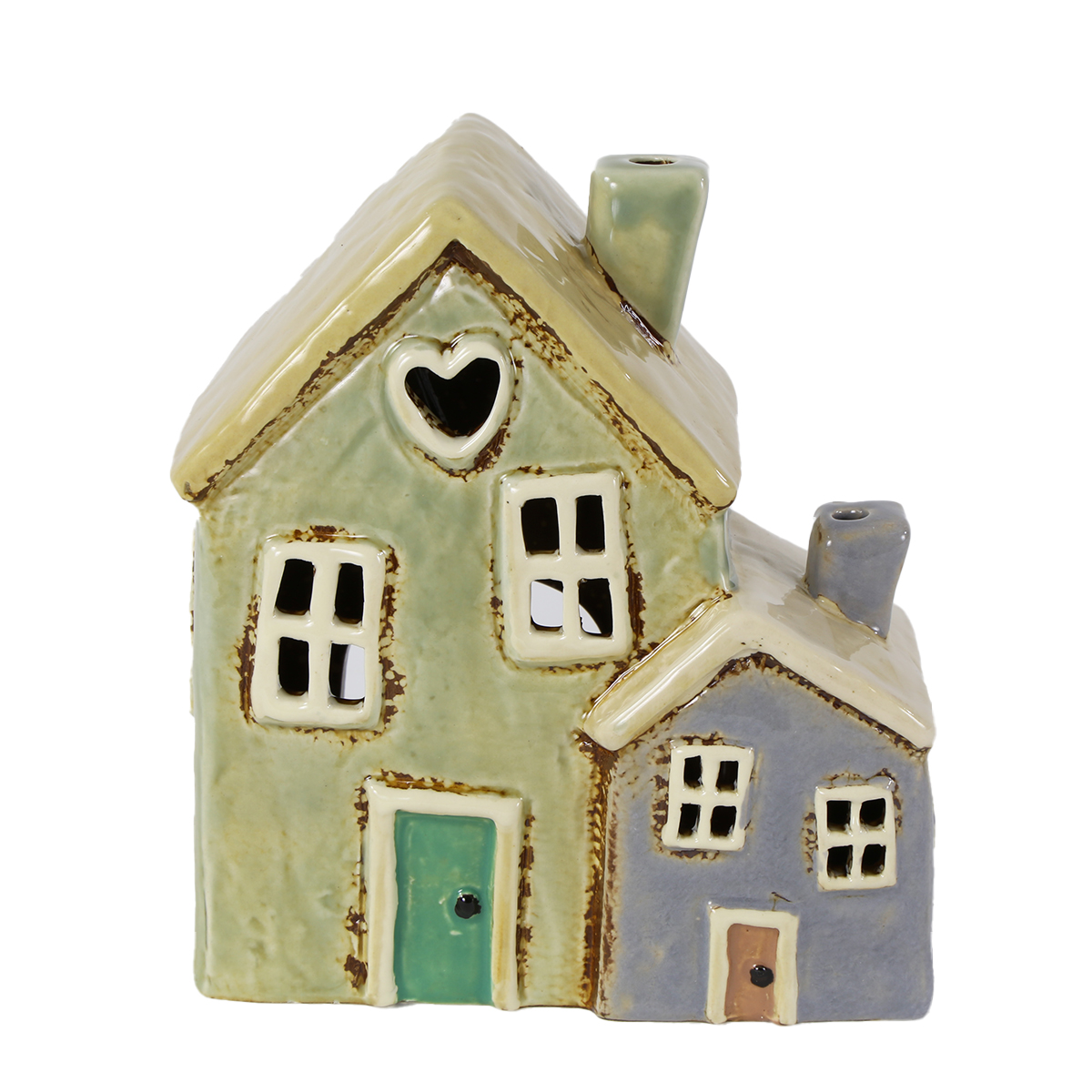 Teelichthaus, Doppel Keramikhäuschen mit Herz, grün-grau, 14x15cm, Keramik