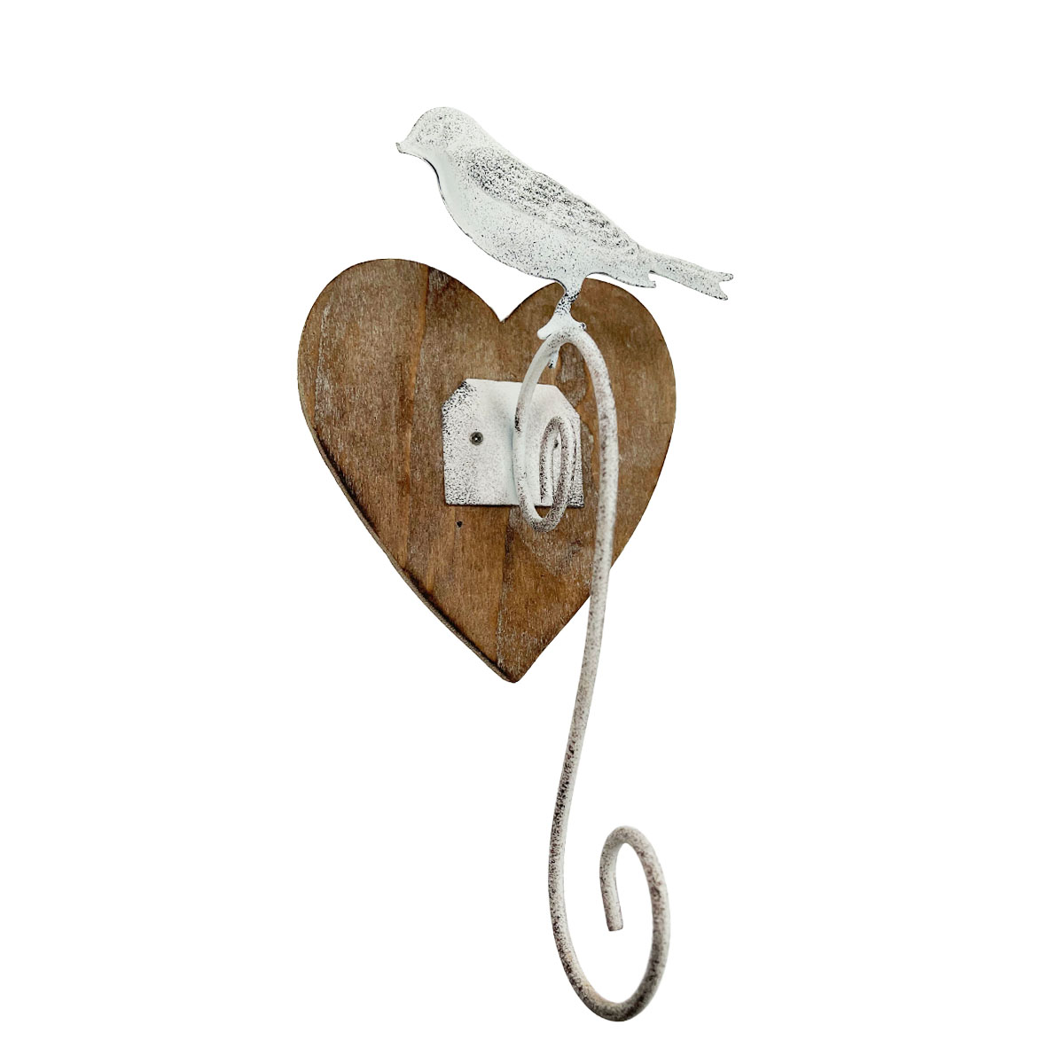 Deko Wandhaken, Herz mit Vogel, braun-weiß, used look, 21x11cm, Metall-Holz
