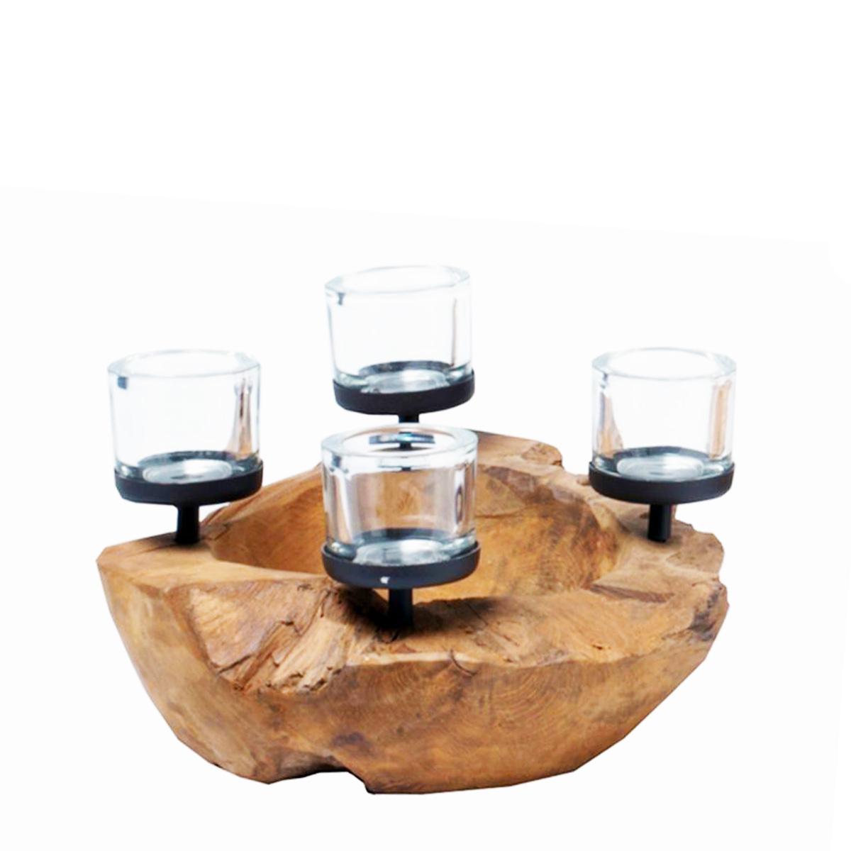 Holz Adventsschale, Schale Teak unfinish mit 4 Teelichtgläser, Ø30cm, WMG Grünberger
