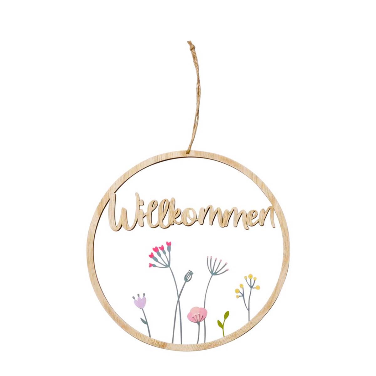 Deko Schild Florina Willkommen, Holzring Blumen mit Schriftzug Willkommen, Ø24cm, Boltze Home Collec