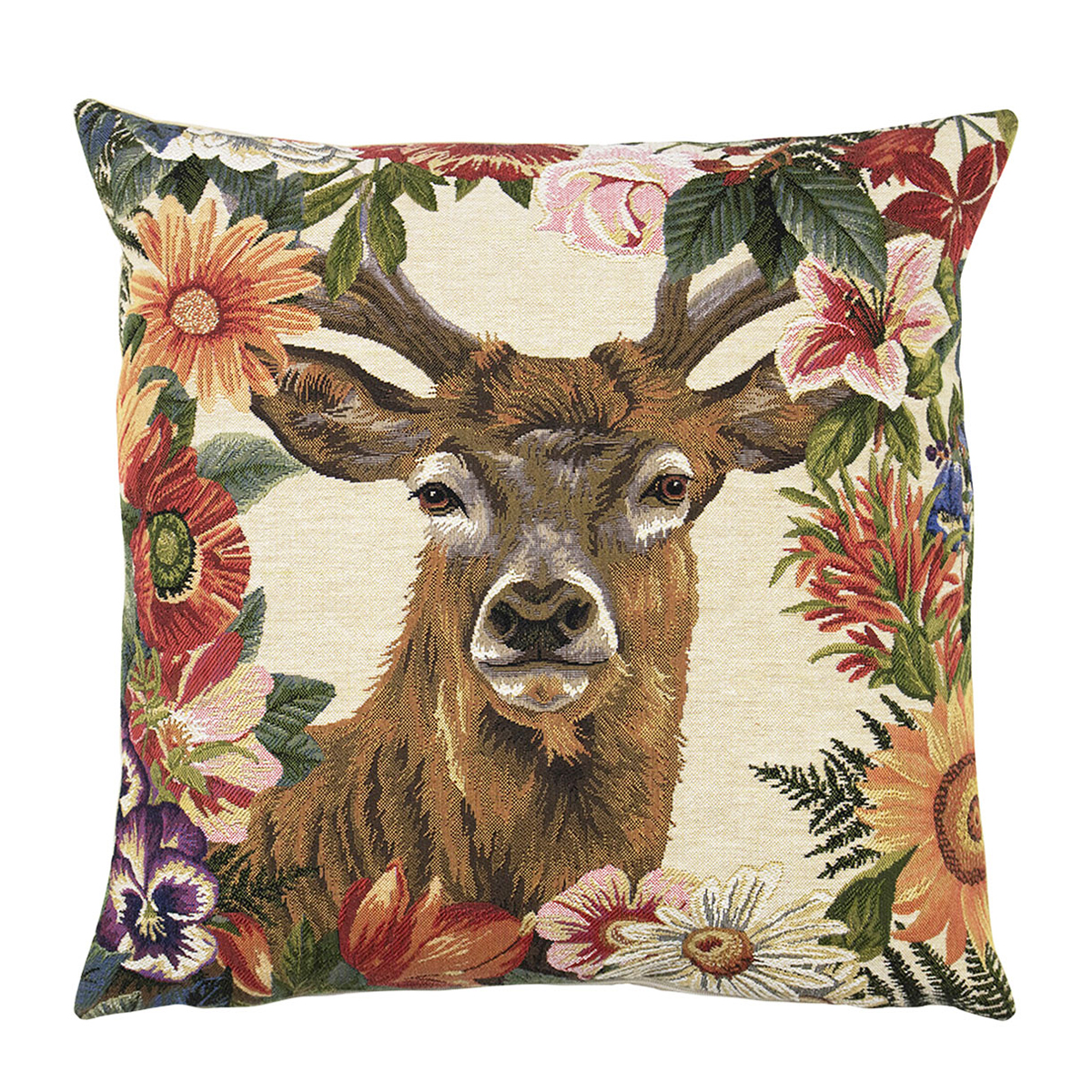 Gobelin Kissen, Hirsch mit Blumen, Rotwild, 45x45cm, Mars & More