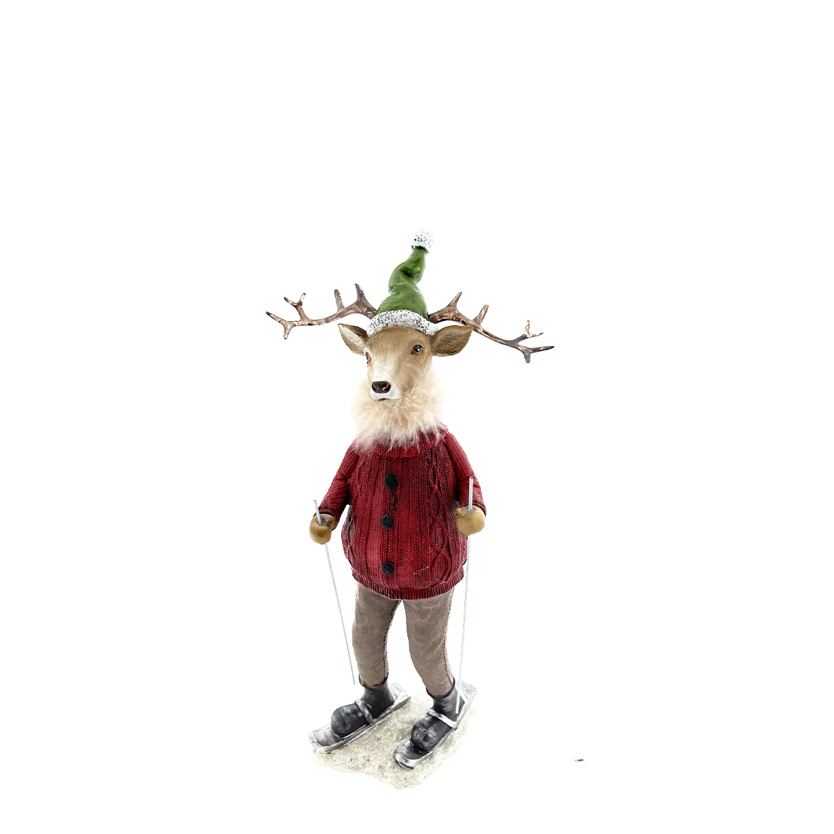 Deko Winterfigur Hirsch, Skifahrer Hirsch mit rotem Pullover, 29cm, Polyresin, Gerrys Garden